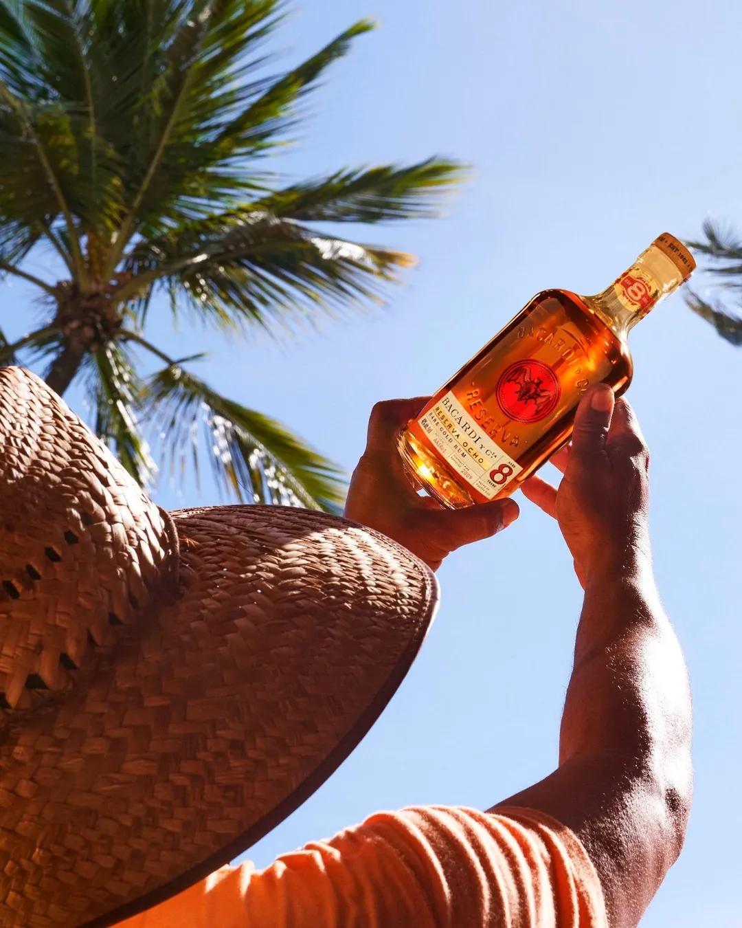 A picture of a person wearing a straw hat and holding up a bottle of Bacardi against the background of a tropical tree, to show  how rum is actually a tropical spirit, even though the best rum in India is considered to be dark rum.