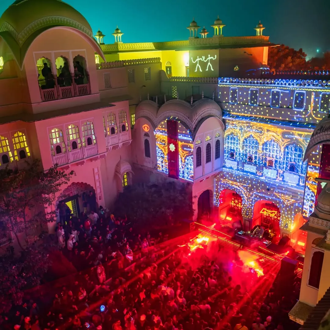 A picture of performance area of a music festival in India that is known to combine music with luxury--Magnetic Fields Festival Rajasthan glamping