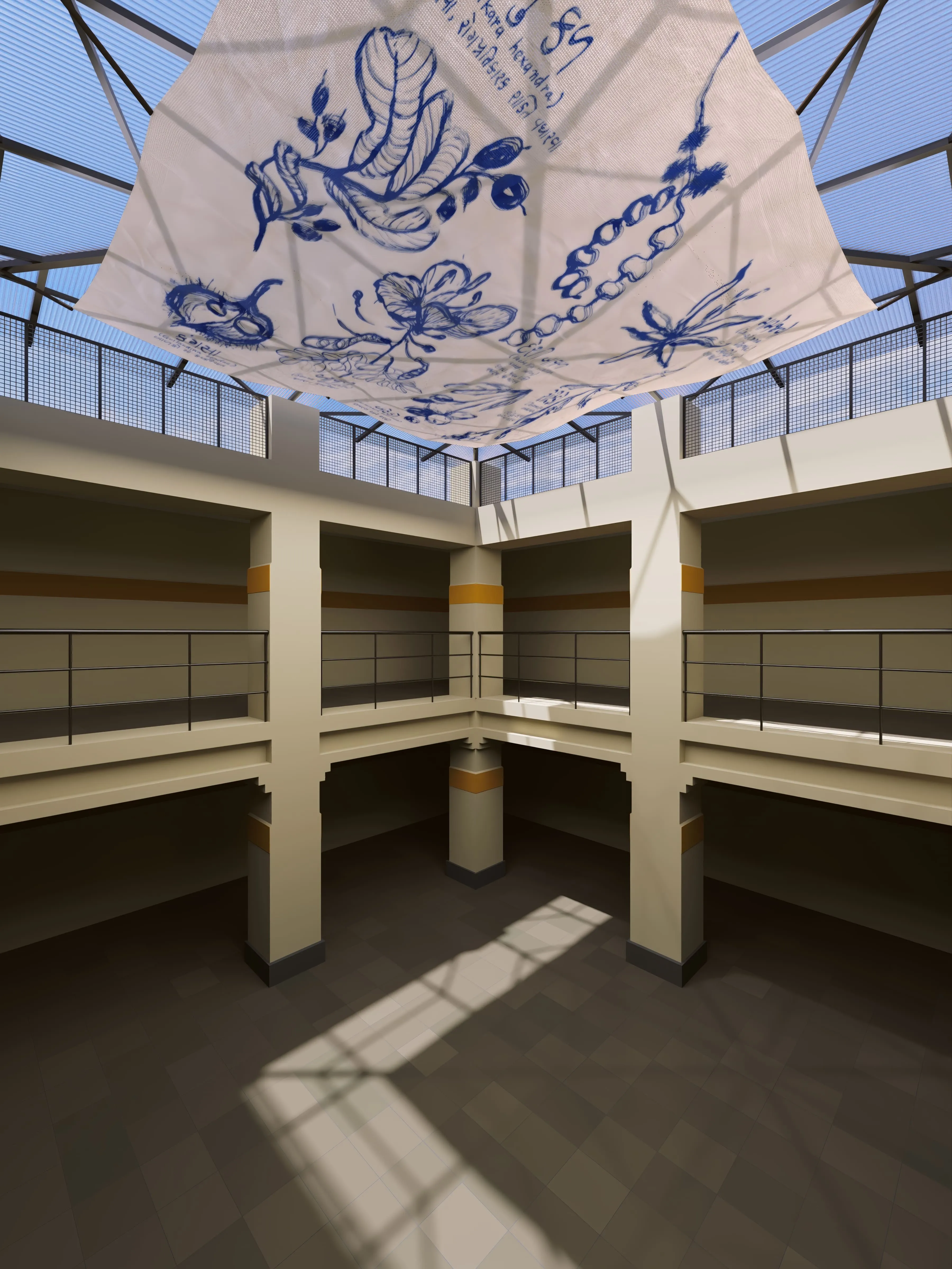 A large fabric canopy featuring blue illustrations installed in an open atrium with natural light streaming in