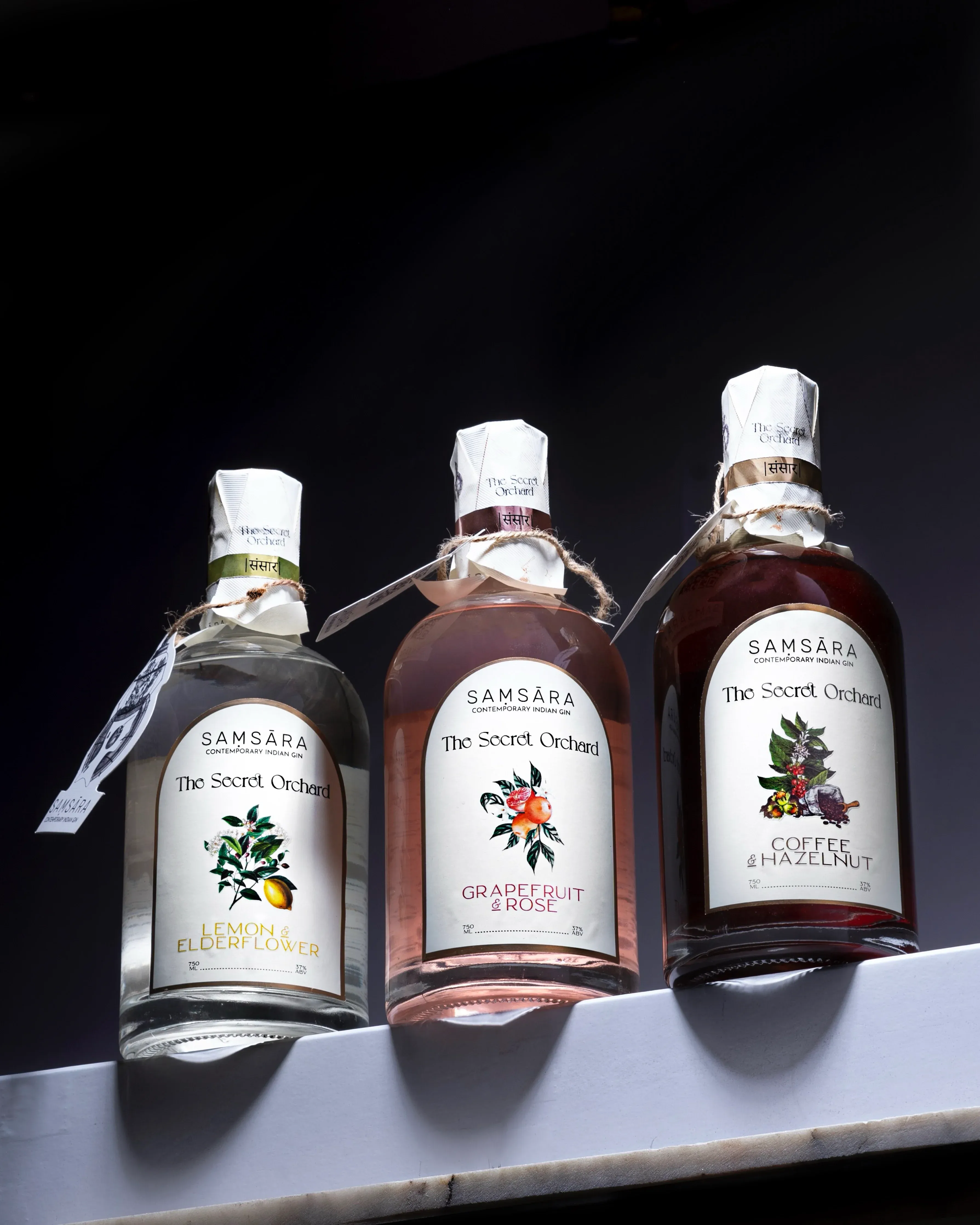 A row of three flavours of Samsara Indian Craft Gin to show how Indian craft gins are owning the market thanks to flavoured Indian gin