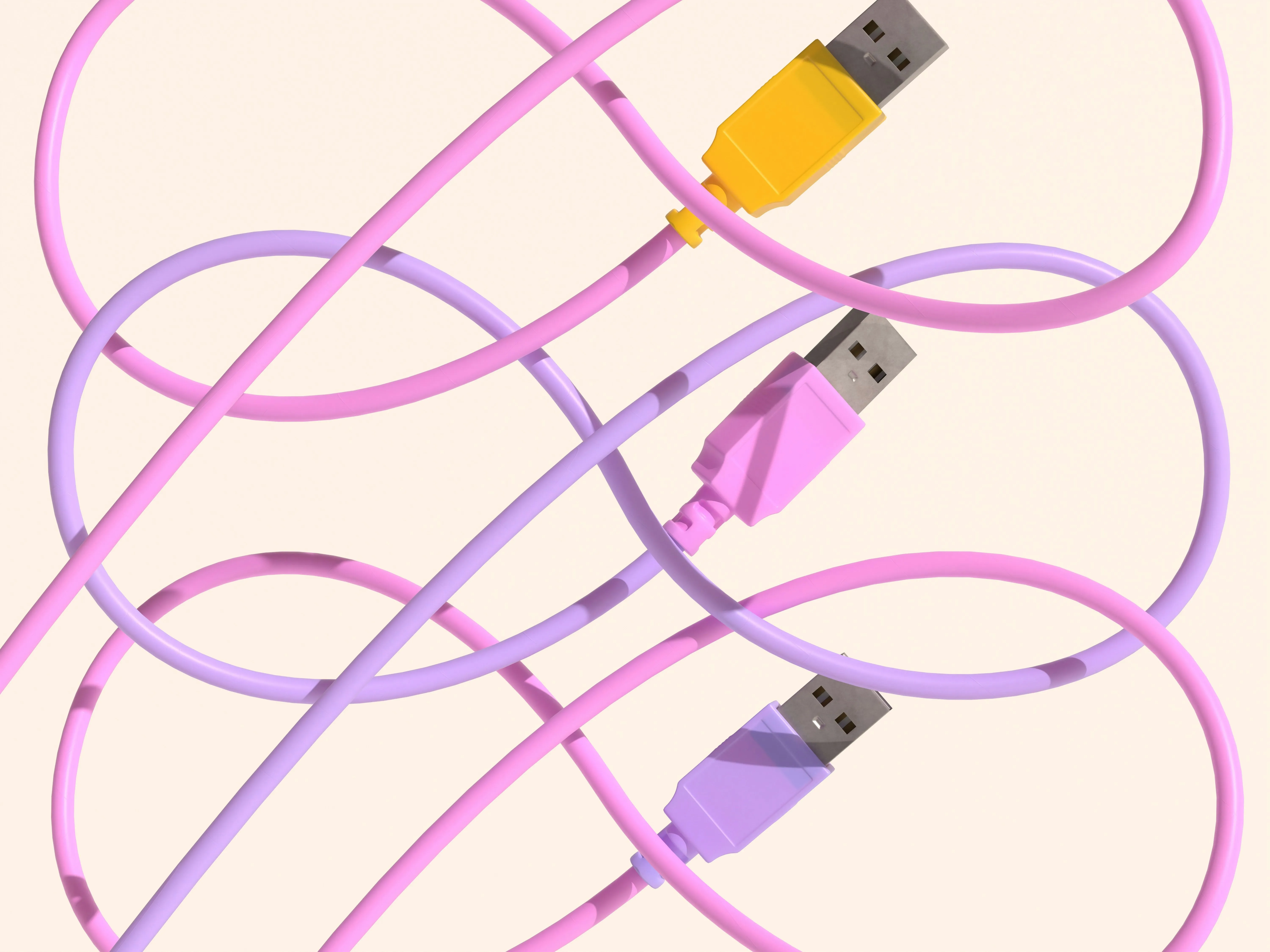 Three cable wires in pink, lavender and orange connected with one another