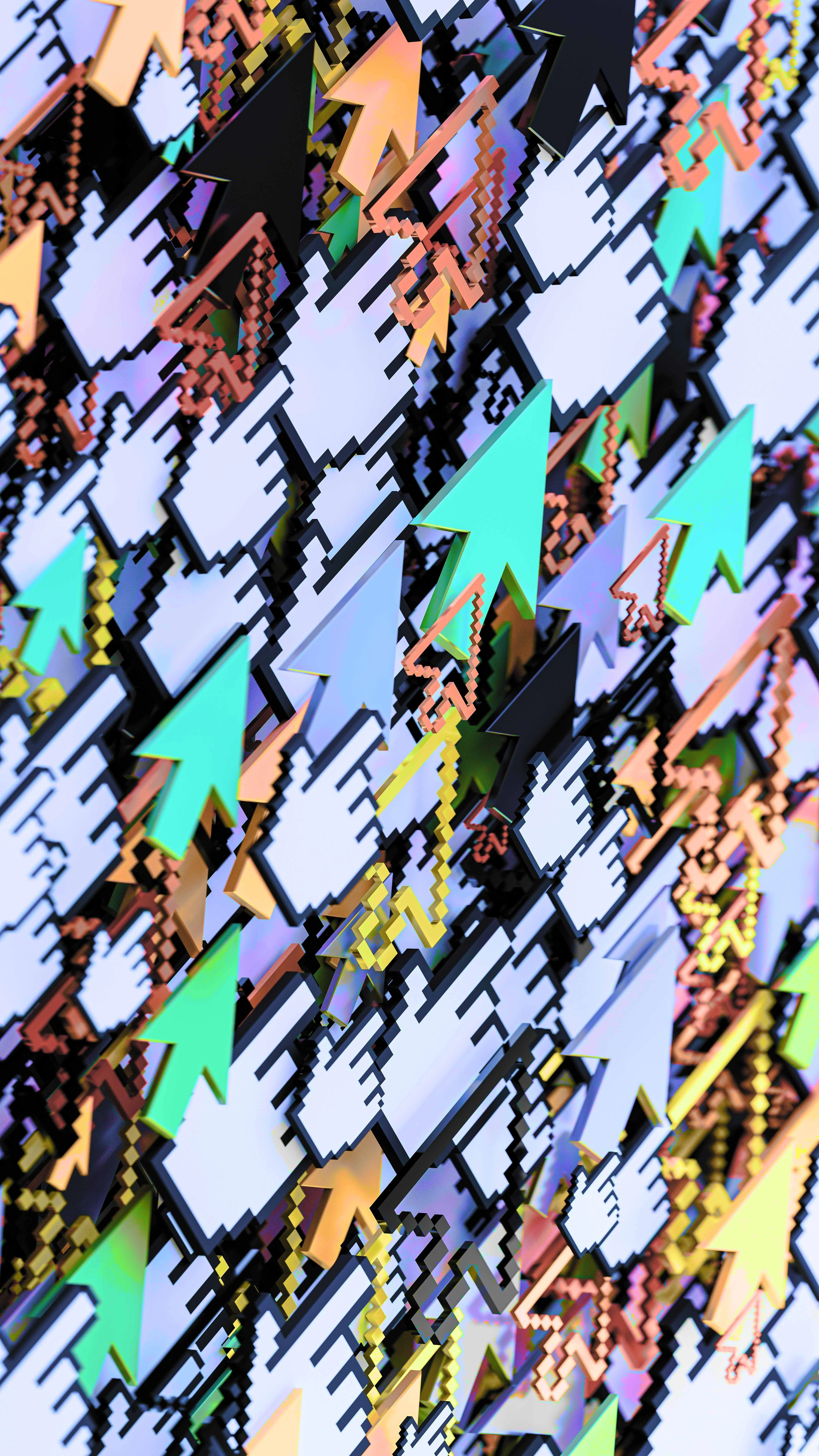 A bunch of cursors and fingertips in different colours