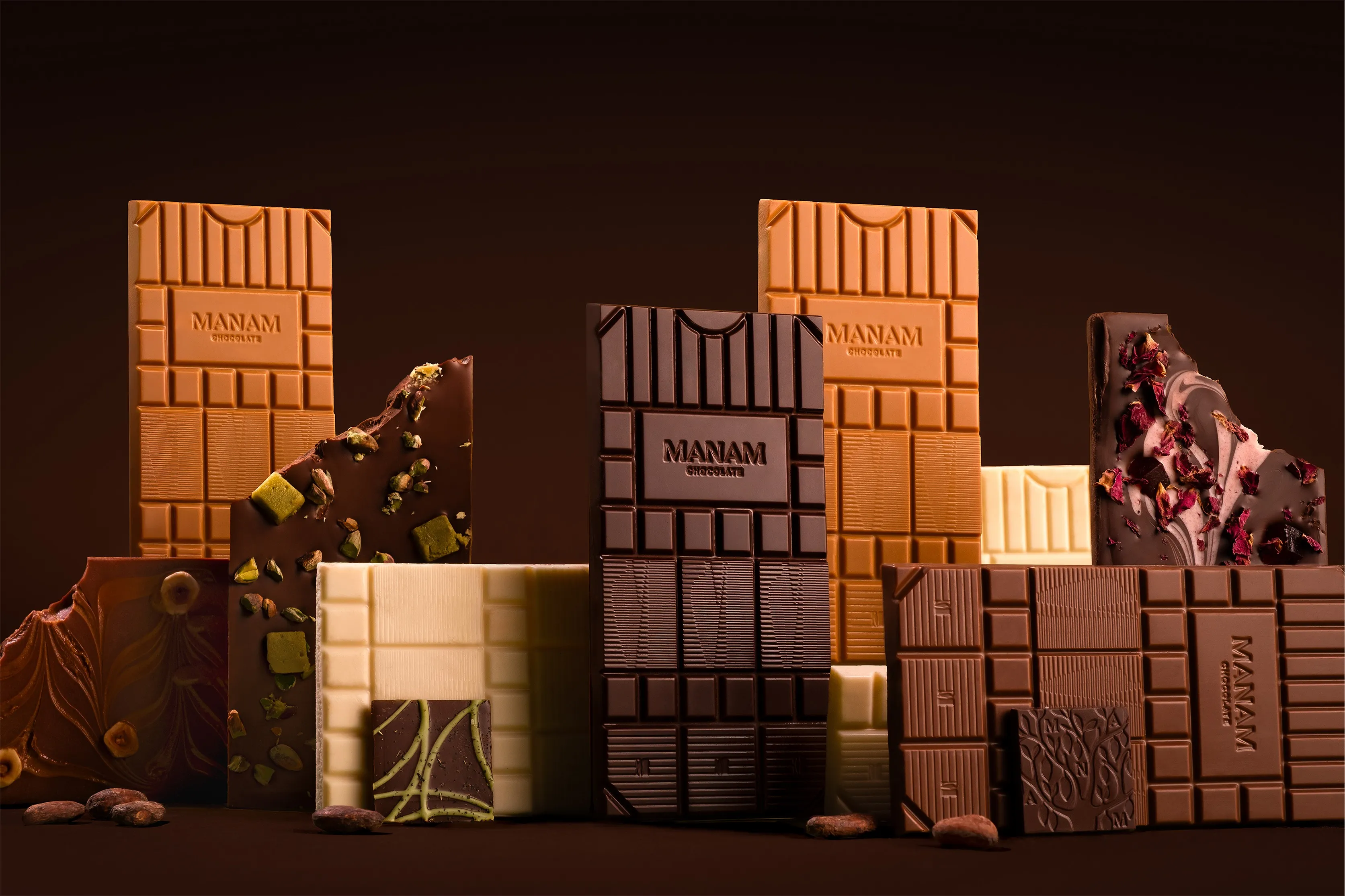 An assortment of chocolates by Manam Chocolate to show how Indian chocolate brands are some of the best Indian chocolate brands with bean-to-bar chocolate India.