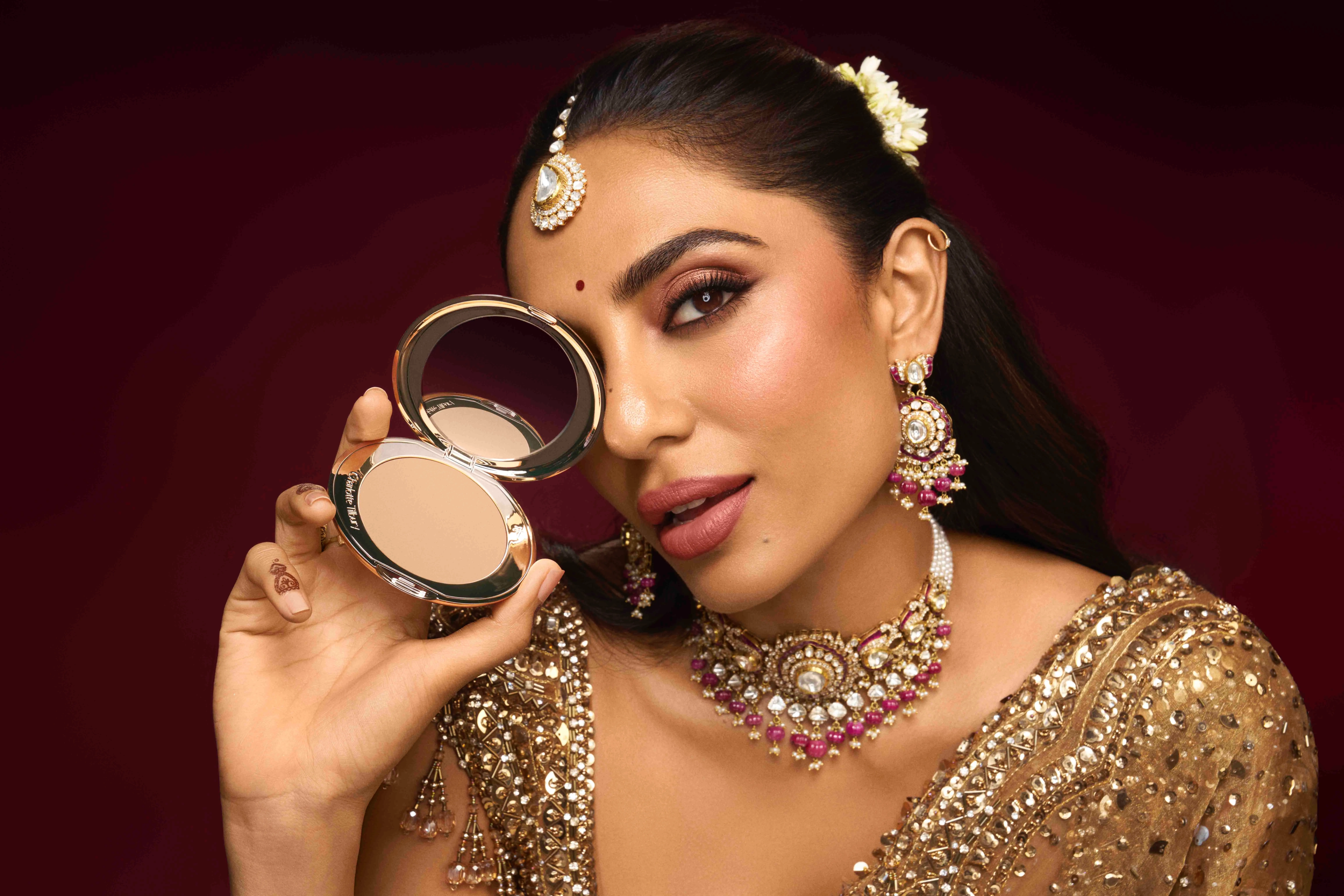 Bridal make-up base with soft glow for wedding photography