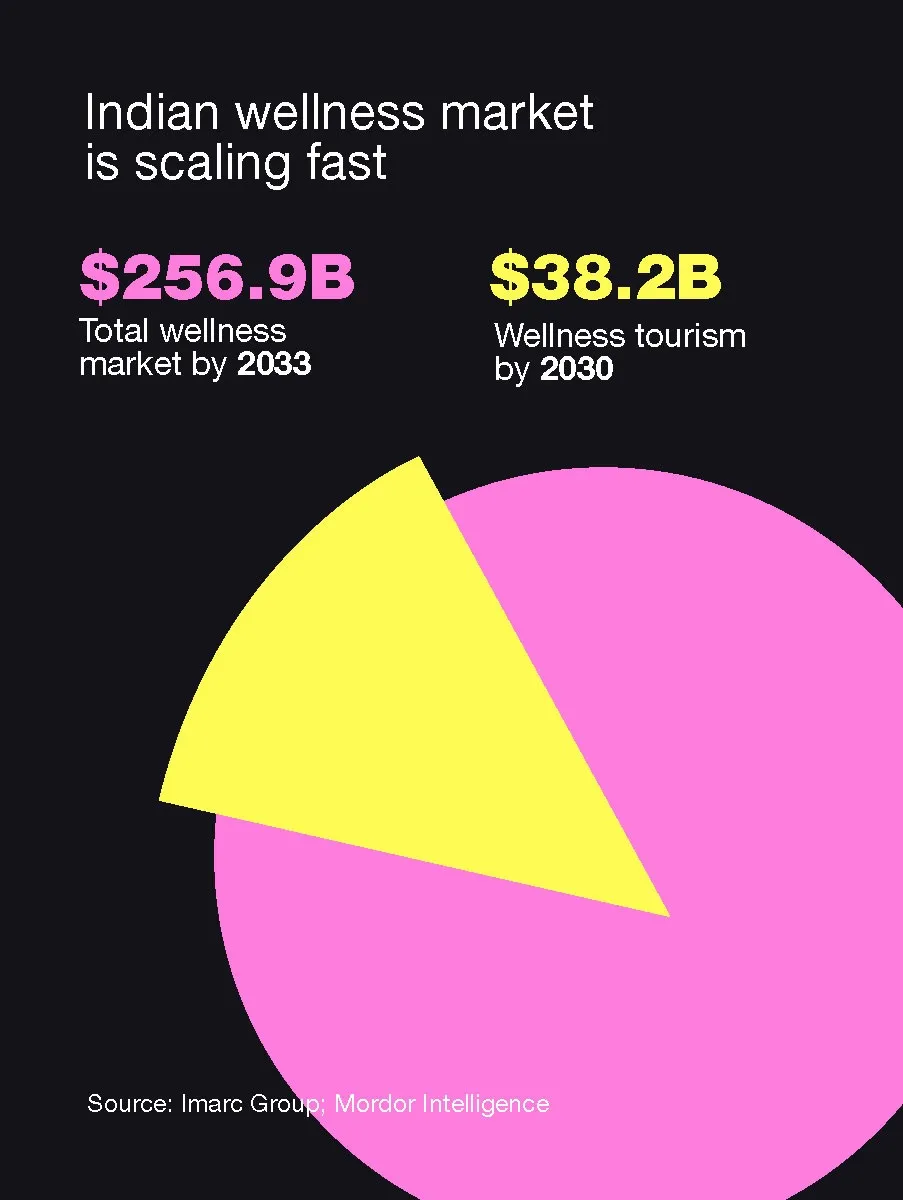 An infographic with a pie chart indicating the Indian wellness industry's market in India, alongside the wellness tourism market in India