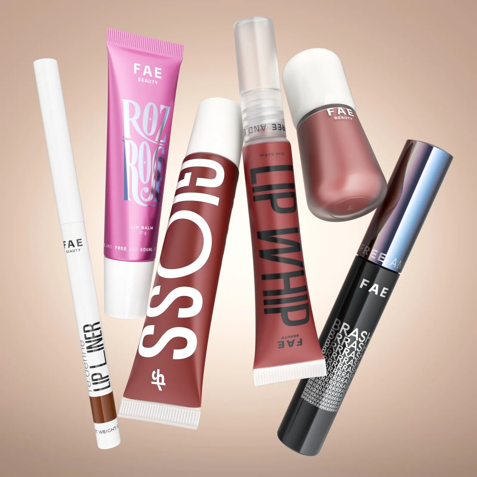 A collage of make-up products from FAE Beauty against a nude background