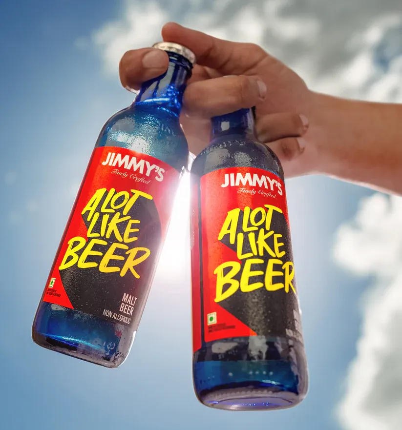 An image of two beers without alcohol by Jimmy's Cocktails which is one of the more popular non alcoholic spirits in India that makes beer