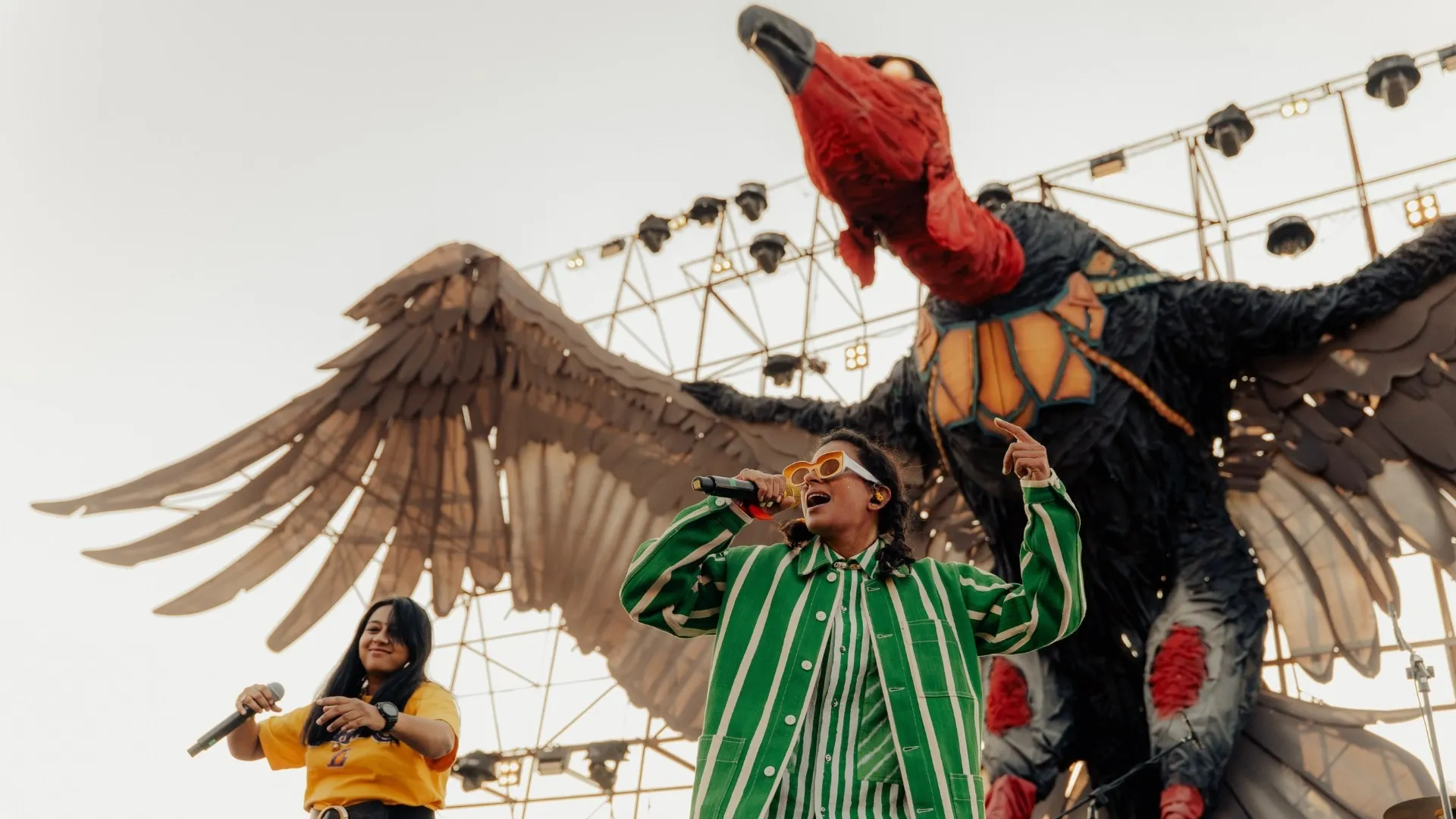 A picture of a woman singing in front of a stage with visuals to go with the music at Echoes of Earth, one of the music festivals in India that's sustainable, to show how the business of musicians in India is evolving
