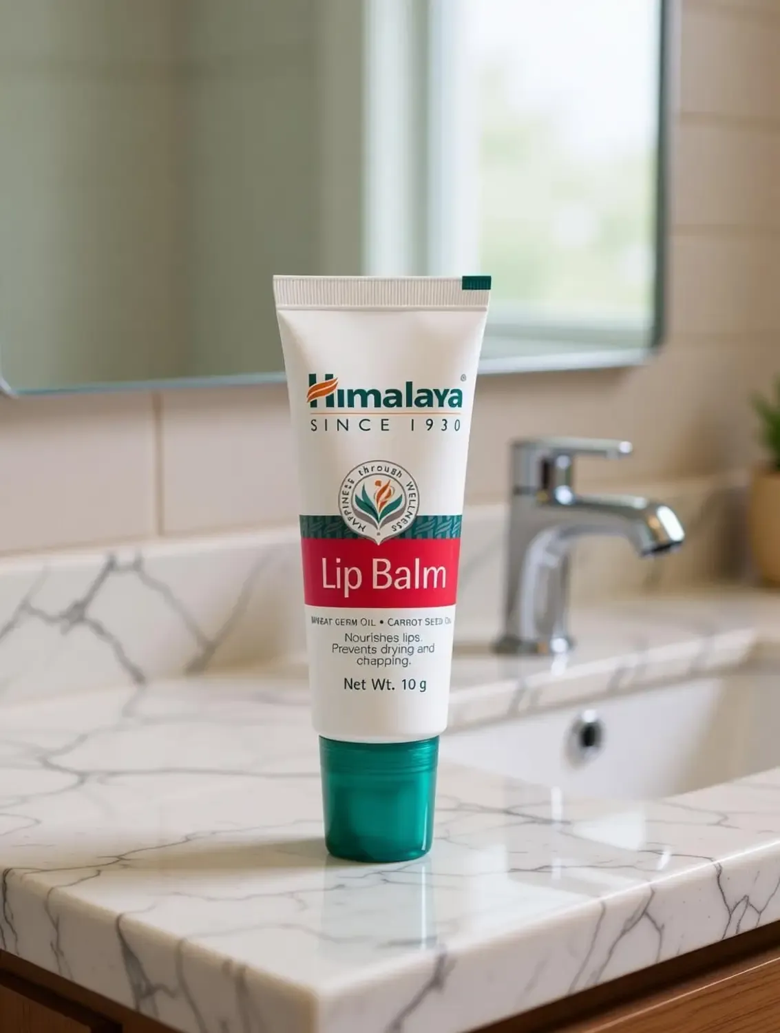 A himalaya lip balm placed on a bathroom sink