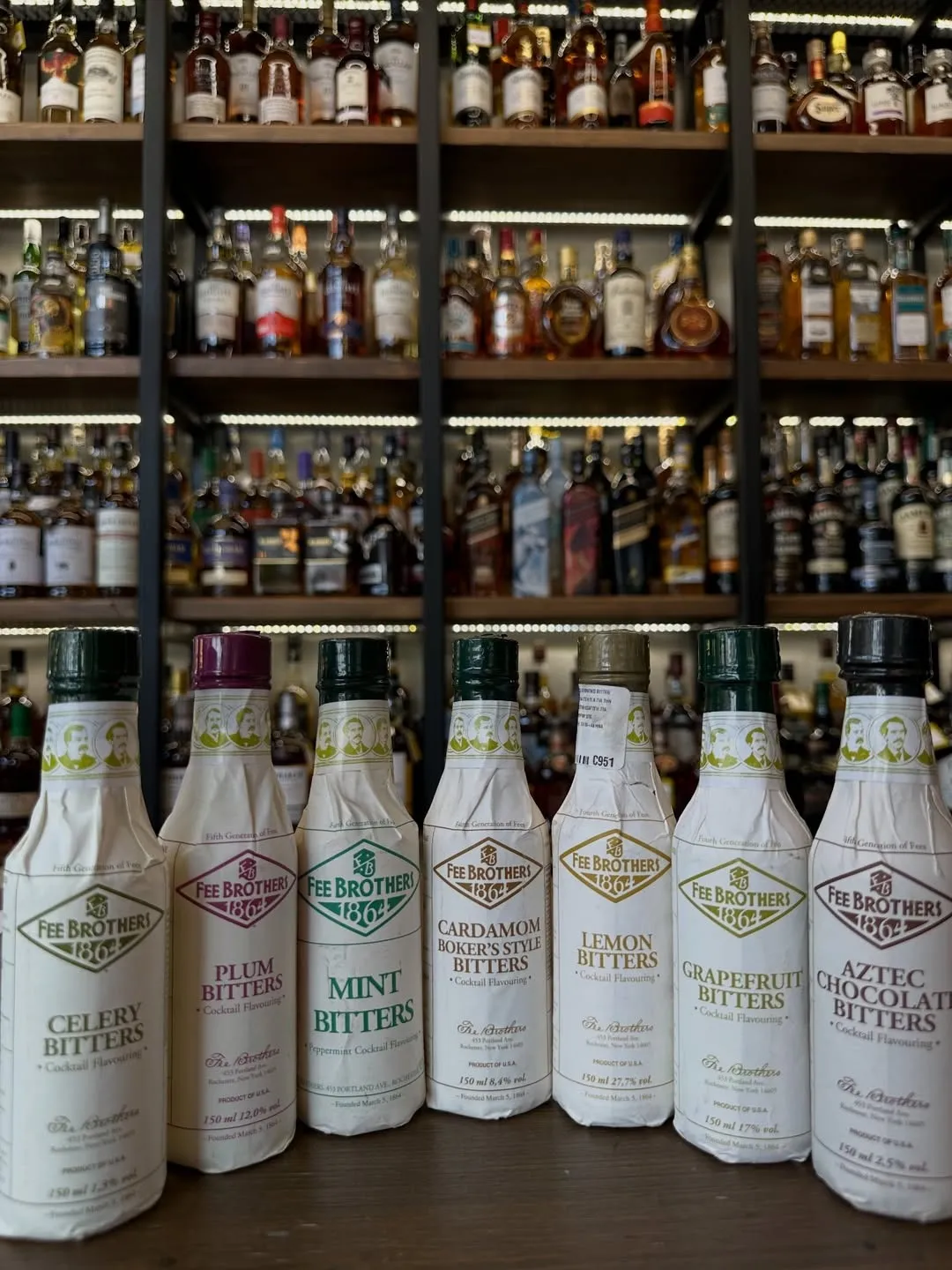 A picture of a range of Fee Brothers bitters, one of the more popular cocktail bitters in India used as luxury cocktail ingredients and one of the more premium bitters brands that work well with luxury spirits India