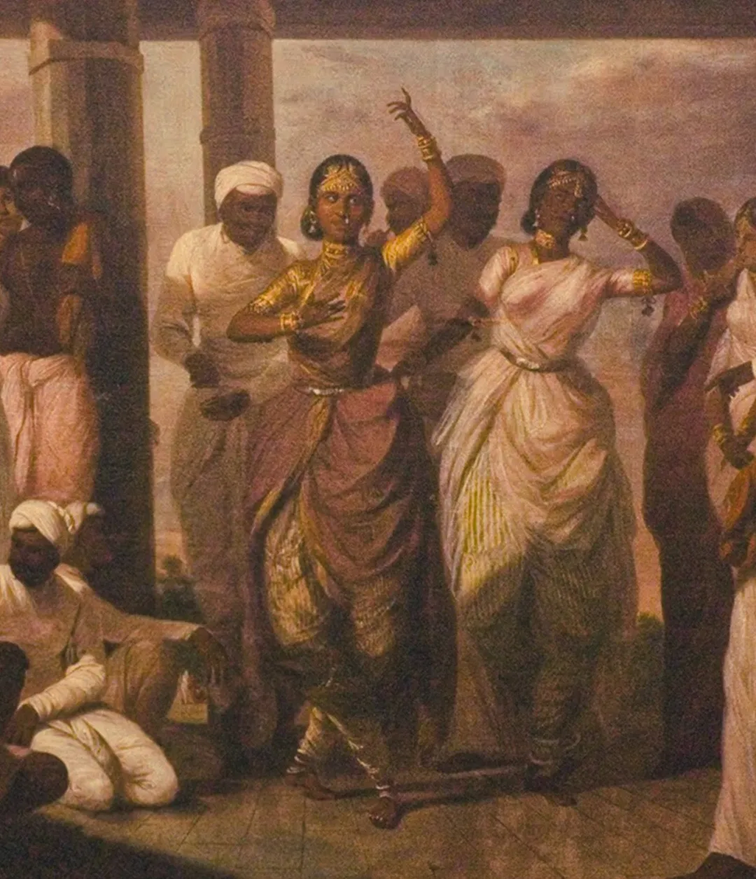 19th-century painting of Indian courtesan dancers highlighting historical depictions of curved female bodies