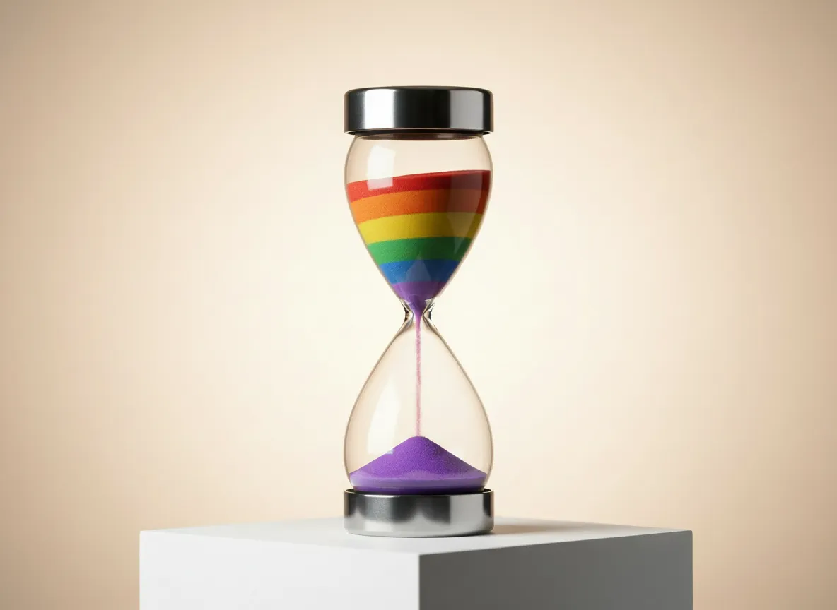 A picture of an hourglass filled with multi coloured sand to depict how a queer late bloomer deals with coming out later in life and discovering sexuality as an adult