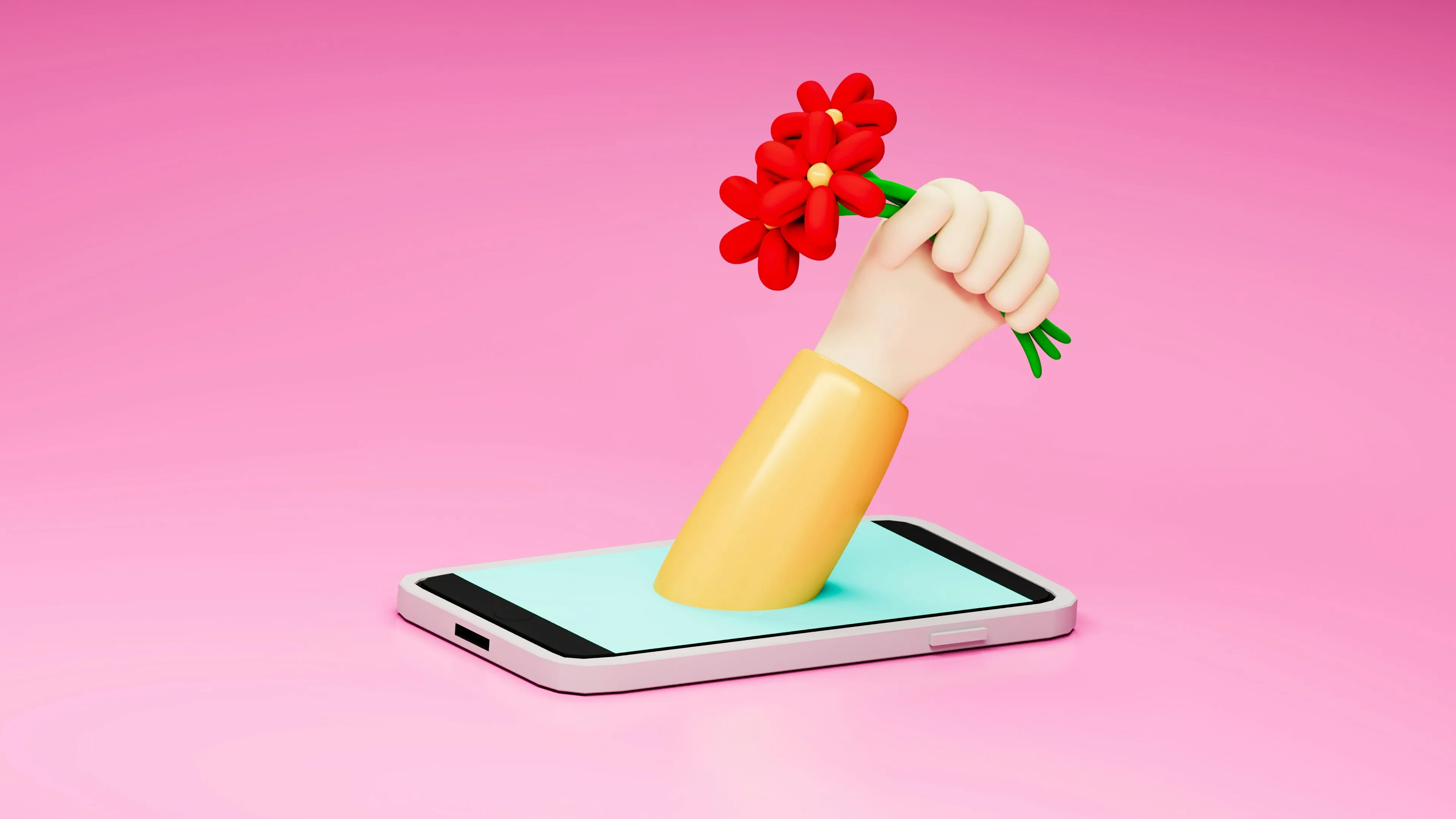 A picture of a hand offering a flower through a screen to show how dating apps are encouraging queer late bloomer and leading to first queer relationship in adulthood