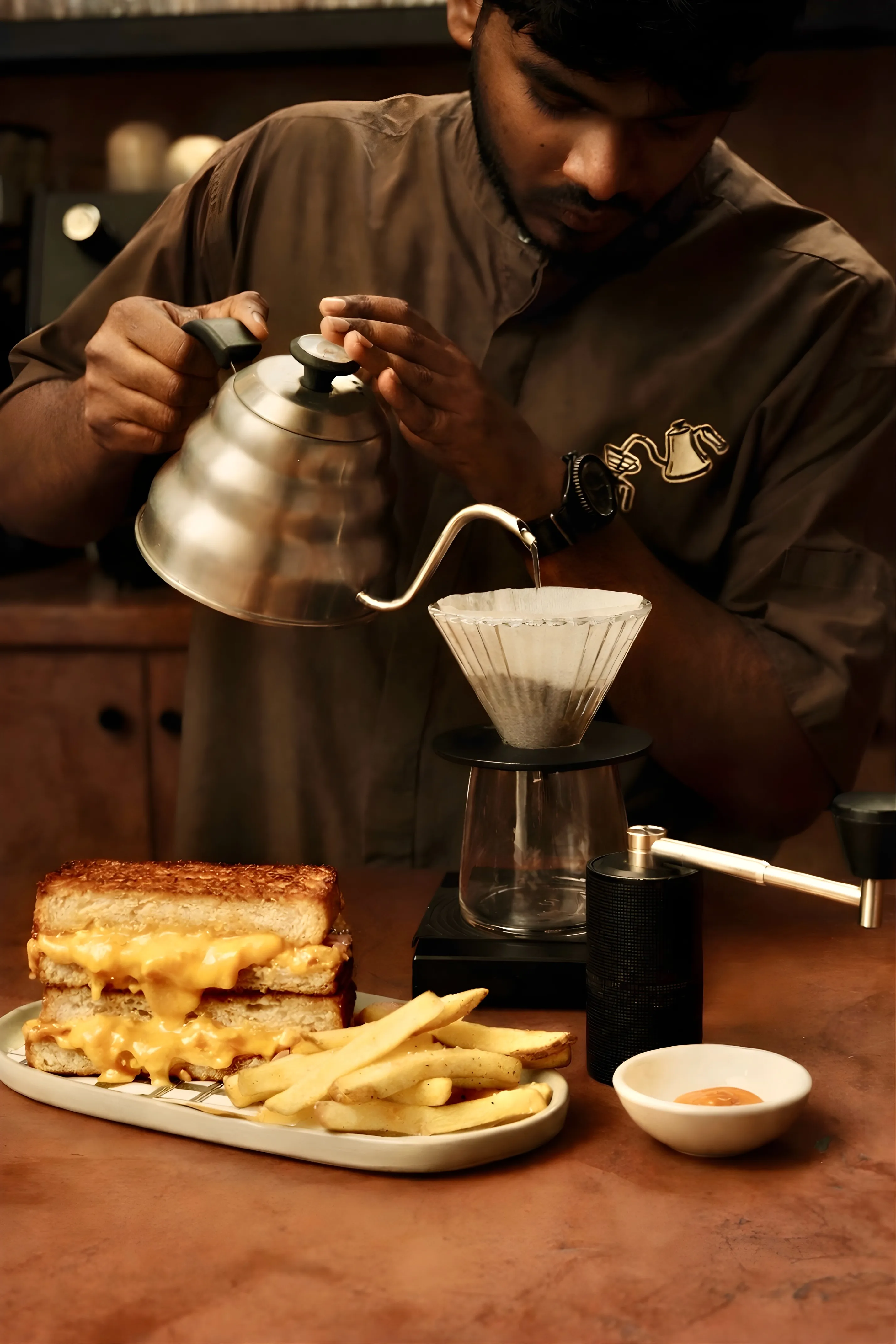 A person pouring coffee while serving a sandwich to a customer at Circa 11 to show the evolution of cafe culture in India that focuses on cafe business in India and community spaces in India which acts as urban social spaces India, including bars