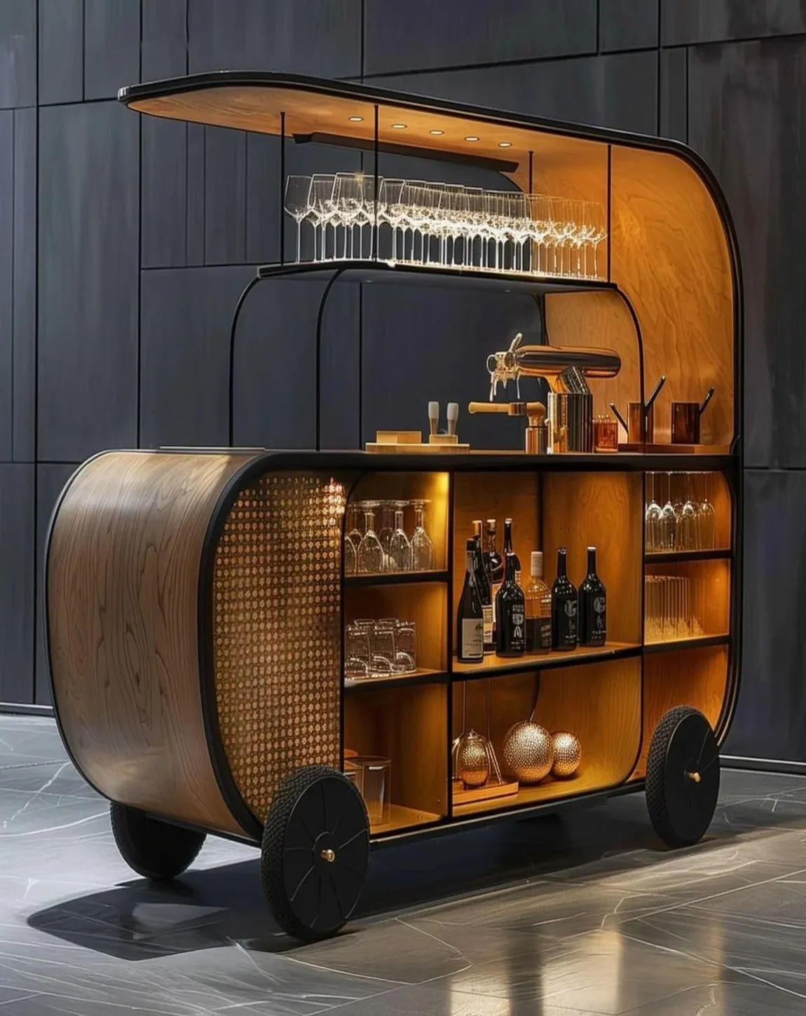 A picture of a luxurious bar on wheel full of bar tools for home, essential liquors for home bar, essential glasses for home bar, cocktail equipment at home as home bar brands India like Angie Homes become popular as home bar essentials