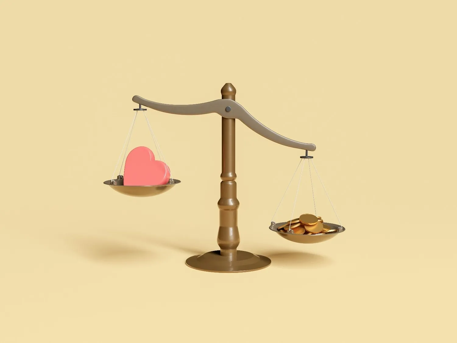A picture of a weighing scale with a heart and money on the two scales to show how the two come into play with arranged marriage in India, as factors that matter in matchmaking in India
