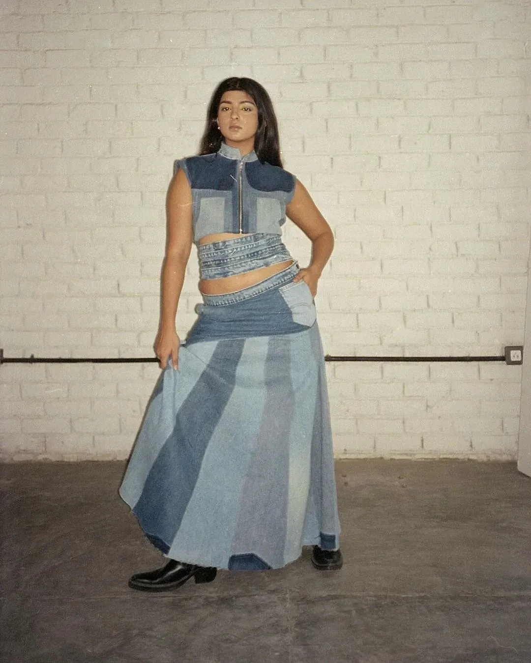 Model in Okhai embroidered dress with Rabari craft detailing