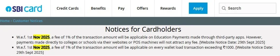 SBI Card Notice for Wallet Top up and Education Payment via third party app one pc charged applied from november