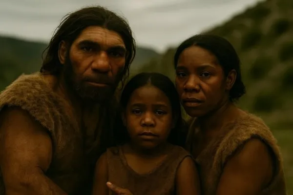 AI reconstruction of mixed Neanderthal-Homo sapiens family. Credit Pic Tel Aviv University