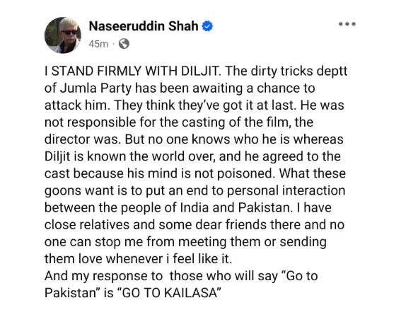Naseeruddin Shah Breaks Silence on Diljit Controversy