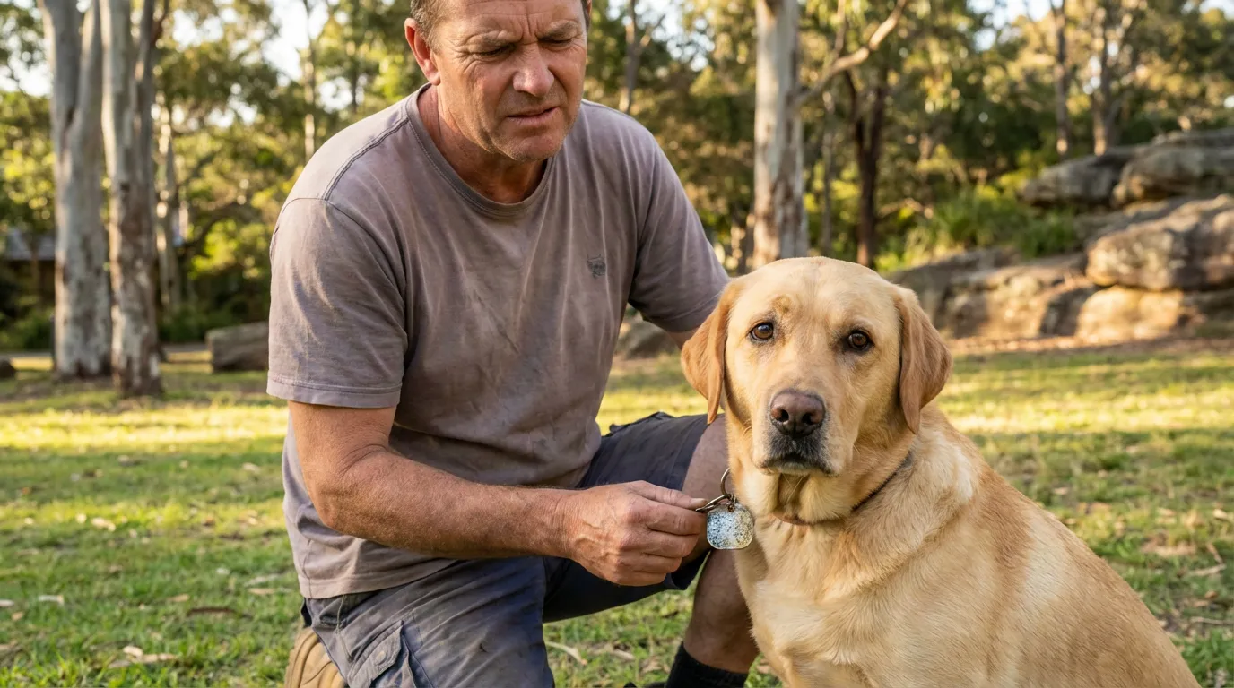 Person squinting trying to read worn engraved dog tag on lost Labrador in Sydney park
