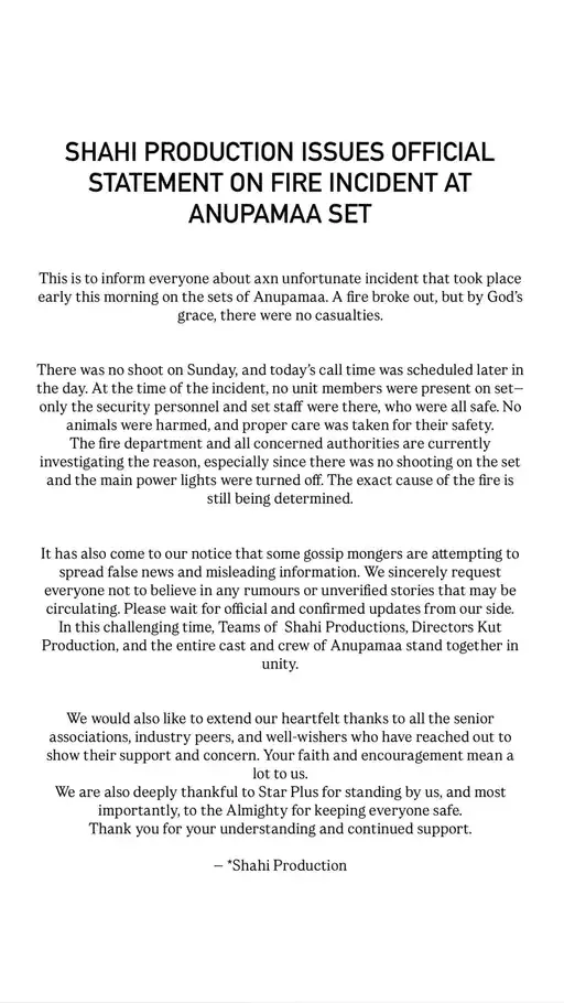 Rajan Shahi Statement on Anupama Set Fire