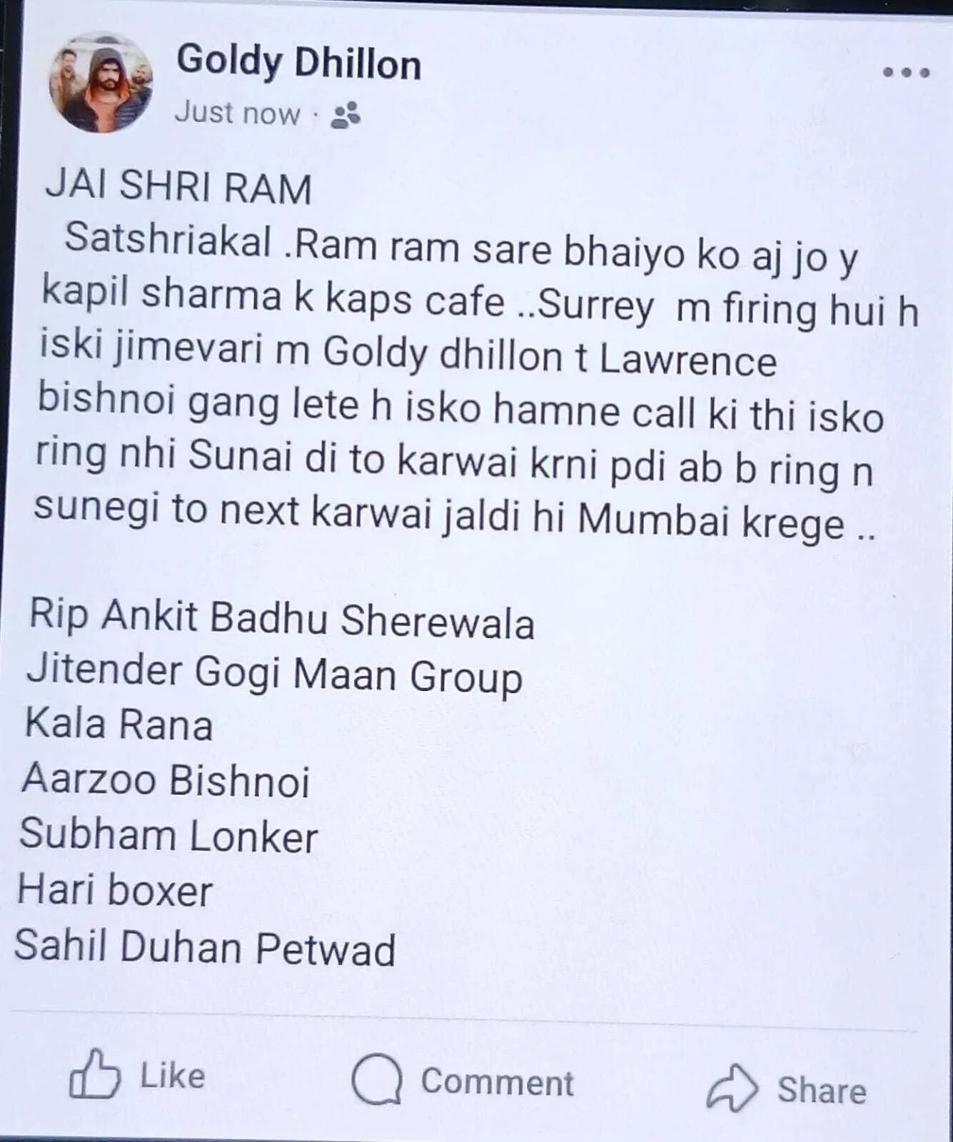 Lawrence Bishnoi  post