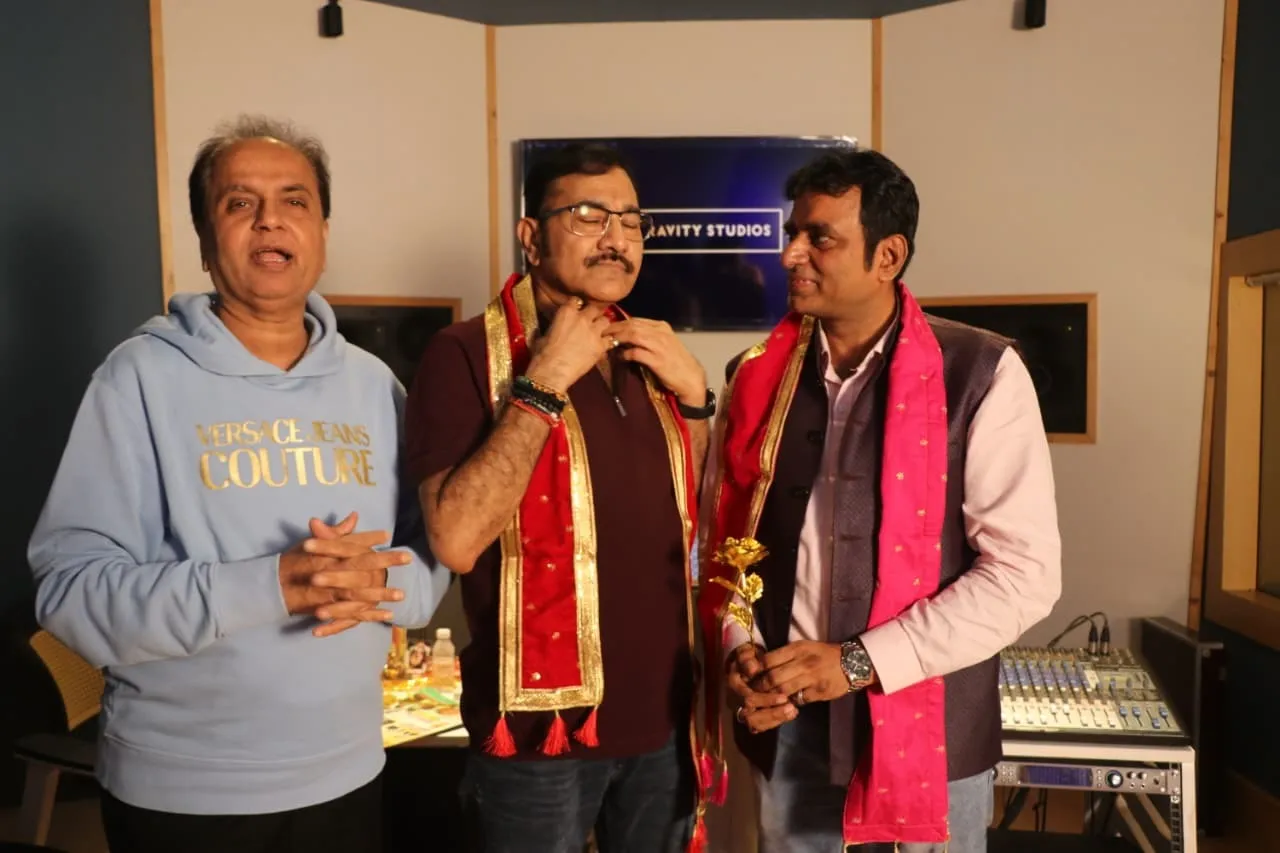 Hardik Hundia, Sudesh Bhosle, and Ravi Jain recording India’s first animal welfare inspirational song in Mumbai studio