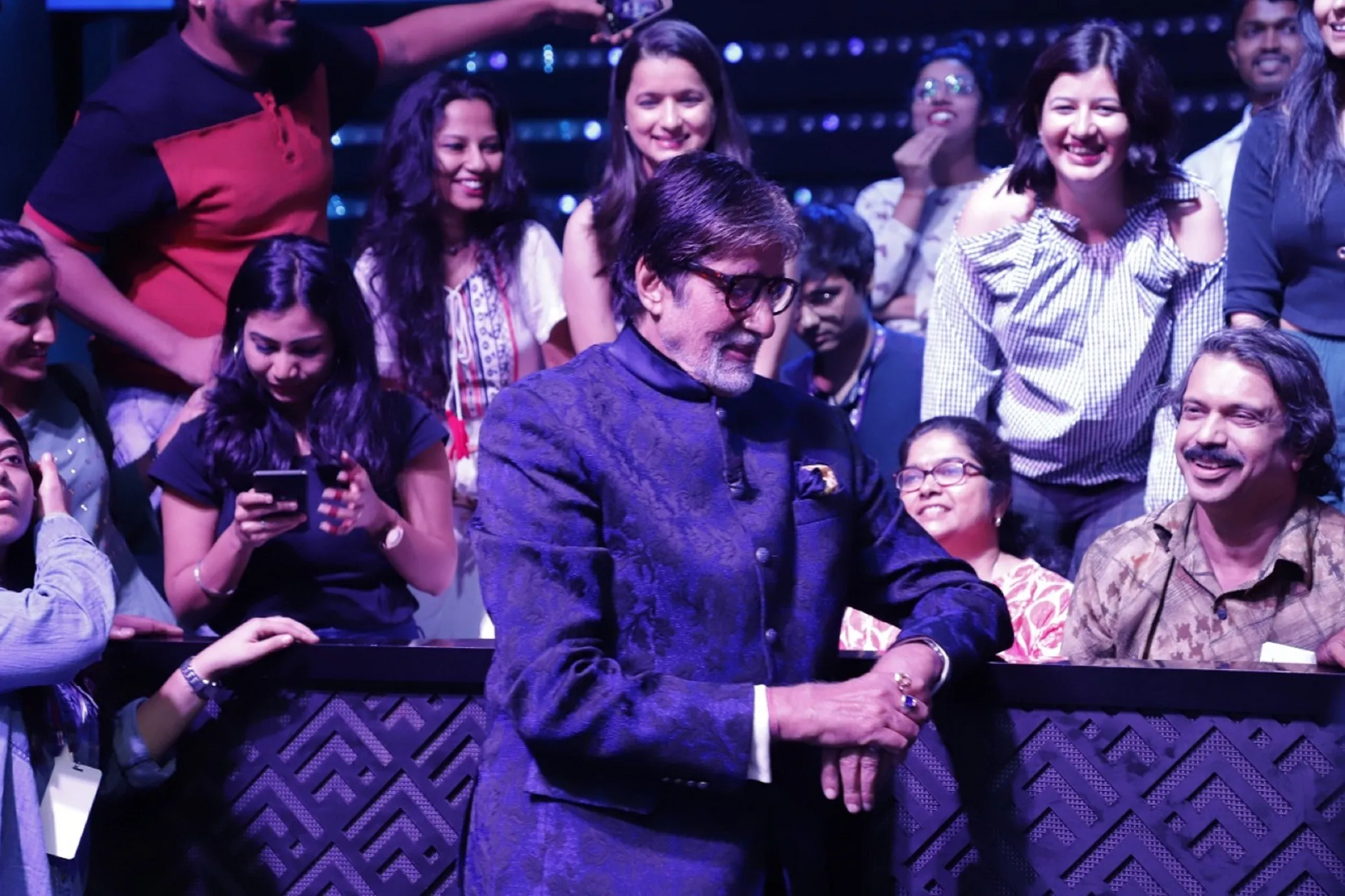 Amitabh B on KBC sets with the   media-Chaitanya P--sitting extreme right