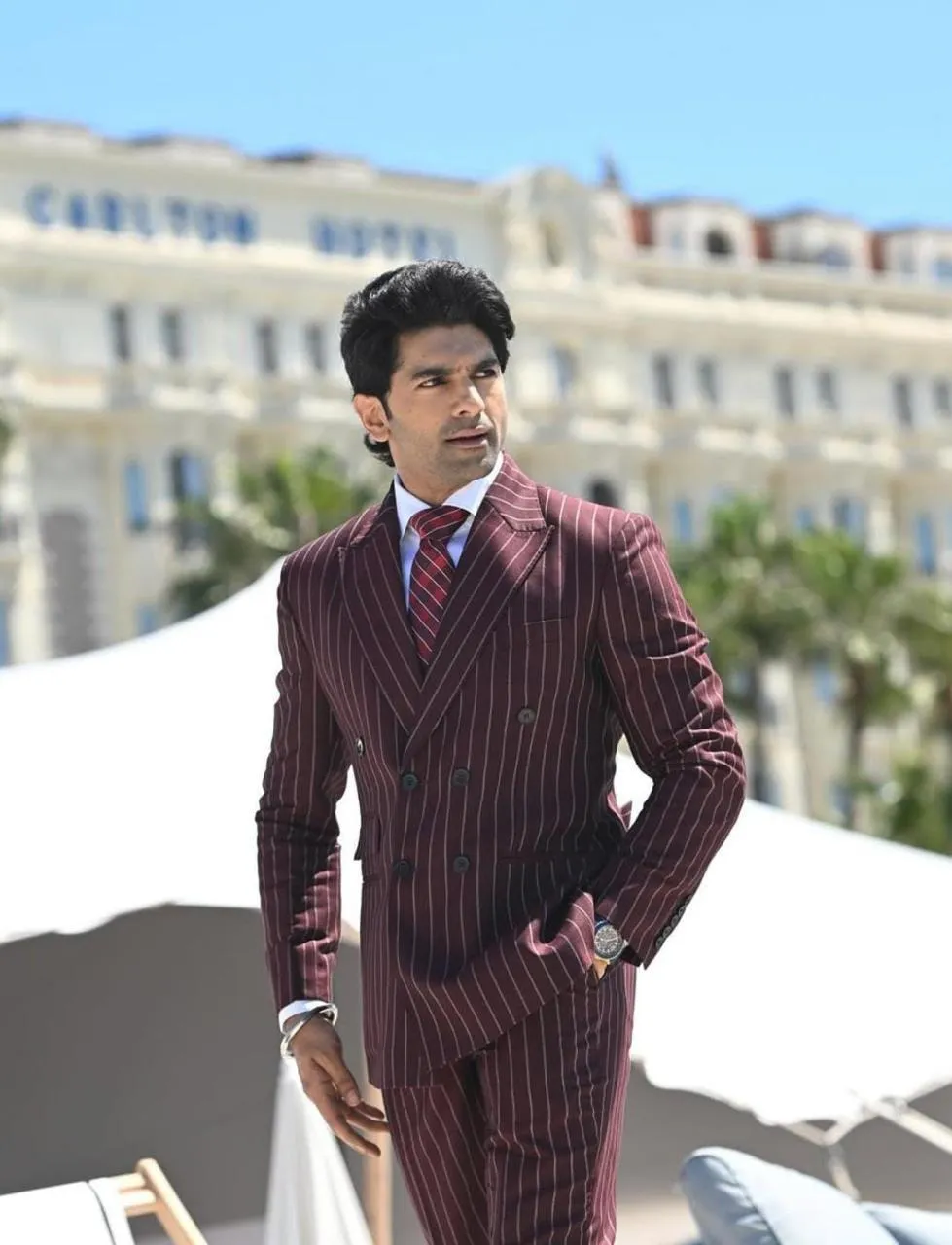 burgundy pinstripe power look