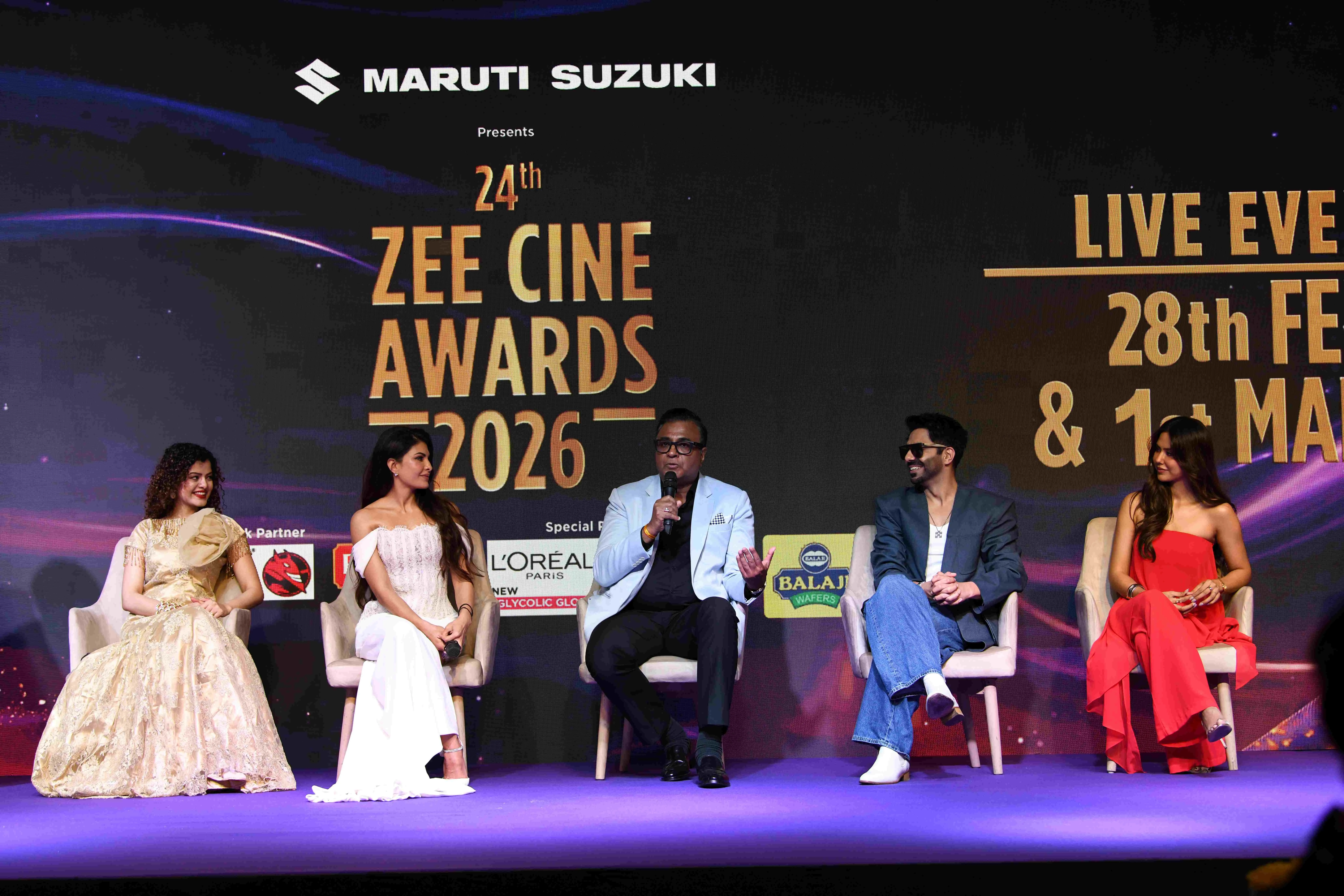 From left Palak Muchhal, Jacqueline Fernandez, Mr Partho Bannerjee, Aparshakti Khurana, Sonam Bajwa at 24th Zee Cine Awards 2026.JPG