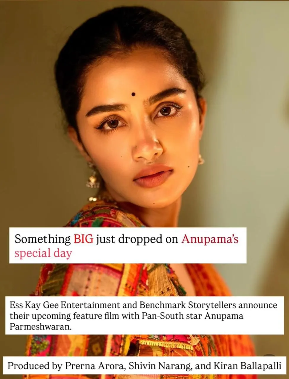 Anupama Parameswaran in SKG Entertainment and Benchmark Storytellers next grand feature film (1)