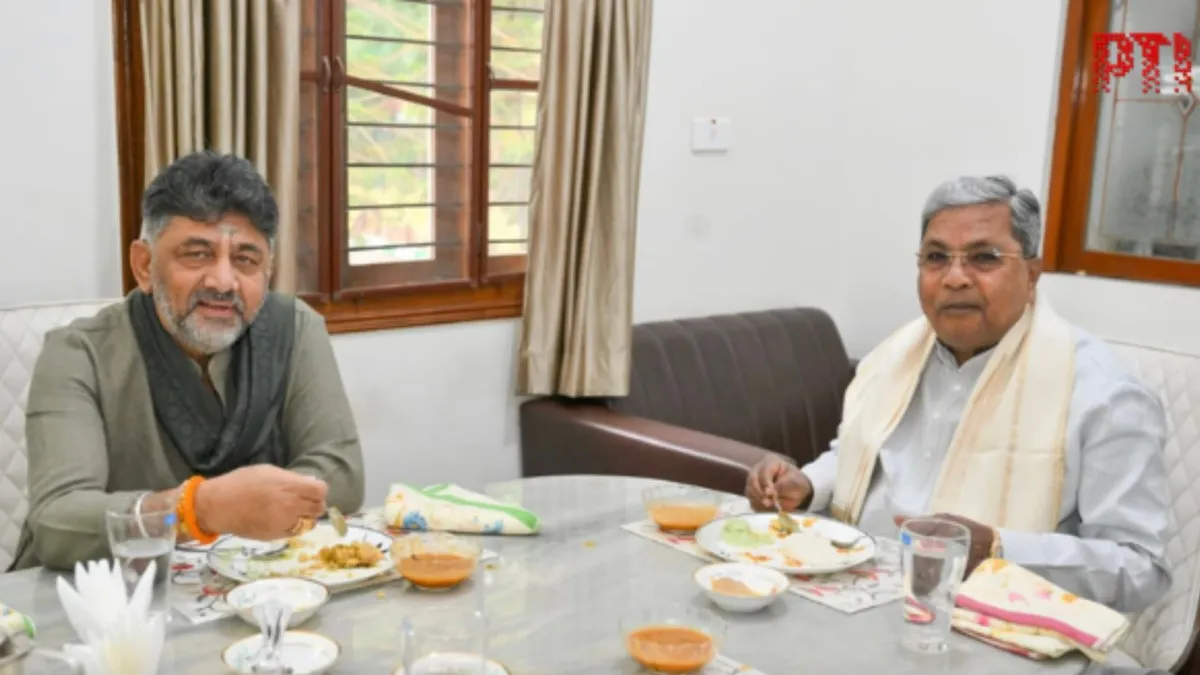 Karnataka Deputy CM DK Shivakumar meets Chief Minister Siddaramaiah over breakfast at CM’s official residence Kaveri on Saturday, Nov 29, 2025.