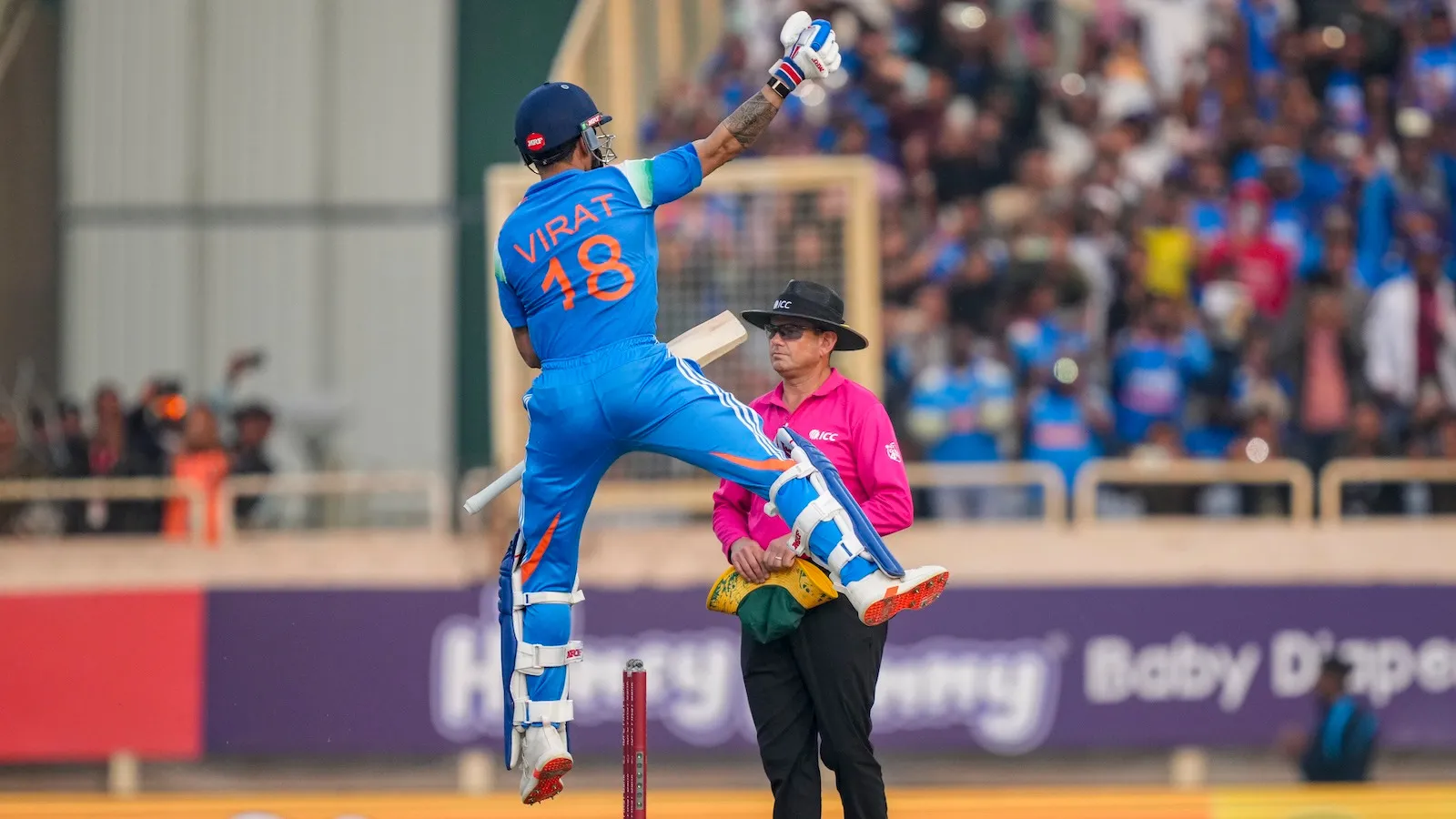 Virat Kohli celebrates his century during the first ODI cricket match of a series between India and South Africa, at JSCA International Stadium Complex, in Ranchi, Jharkhand, Sunday, Nov. 30, 2025.