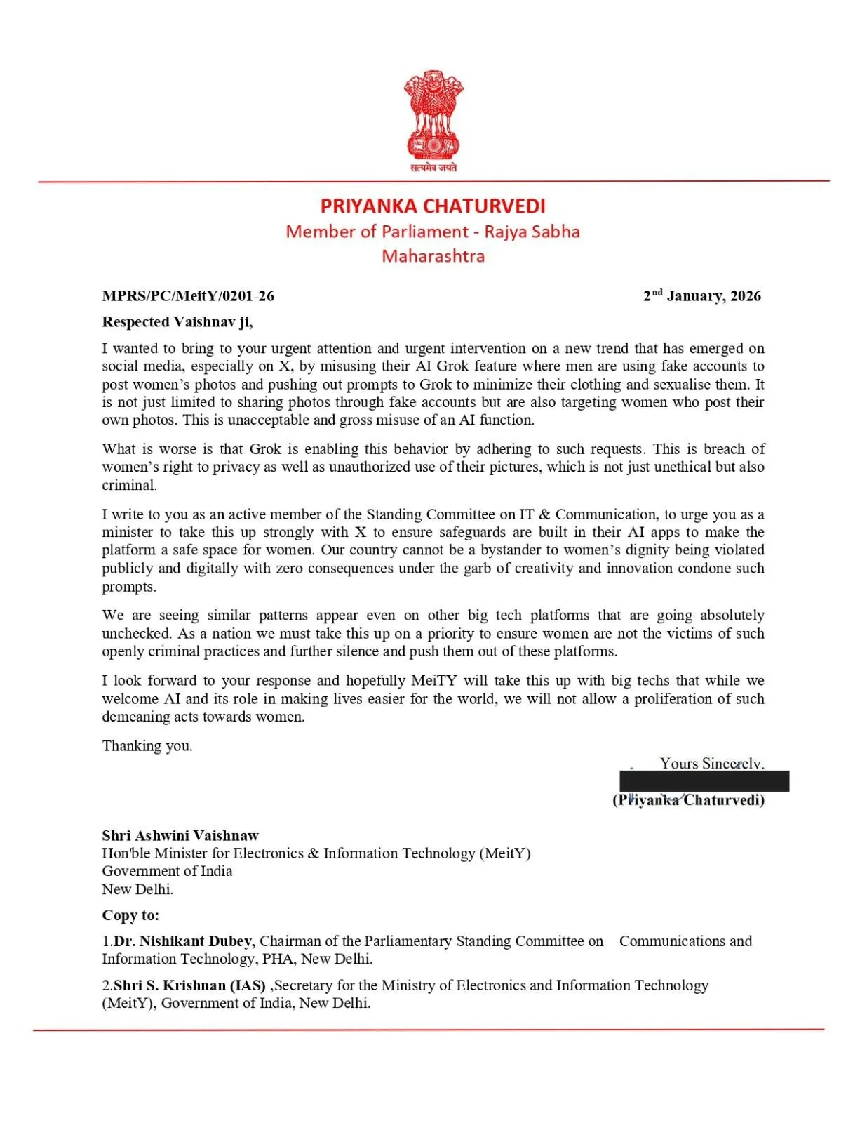 Priyanka Chaturvedi letter
