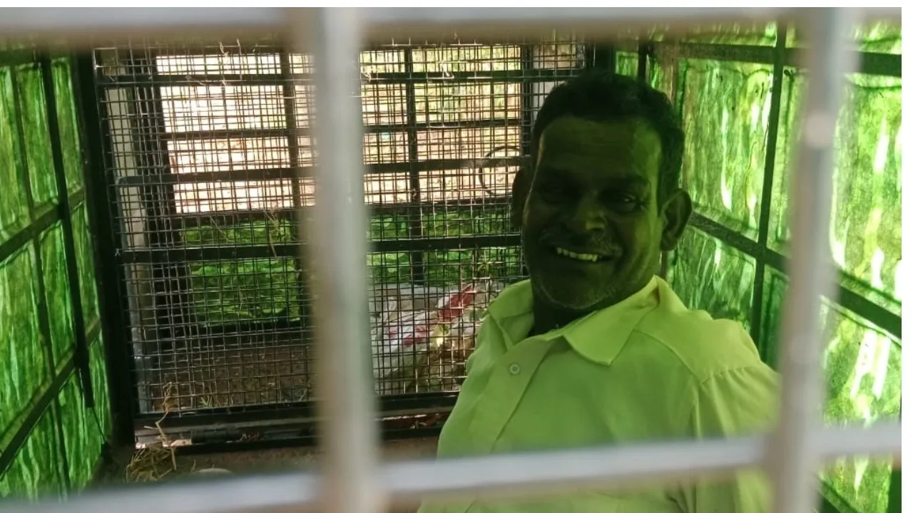Man inside leopard cage