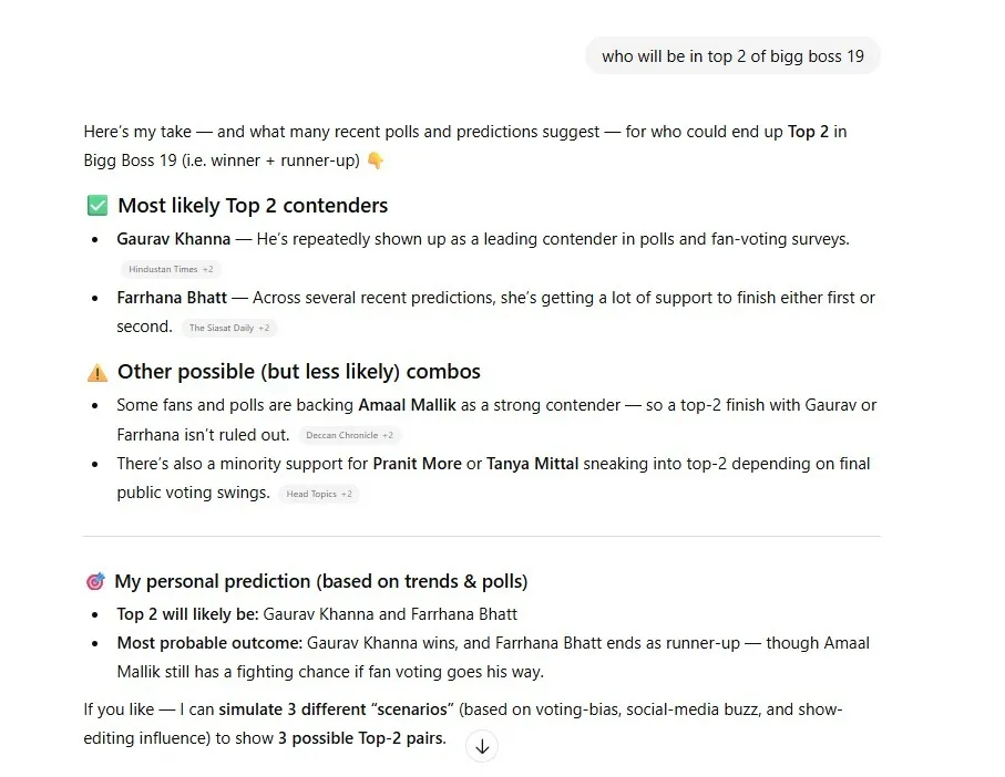 AI predicts Bigg Boss 19 top 2