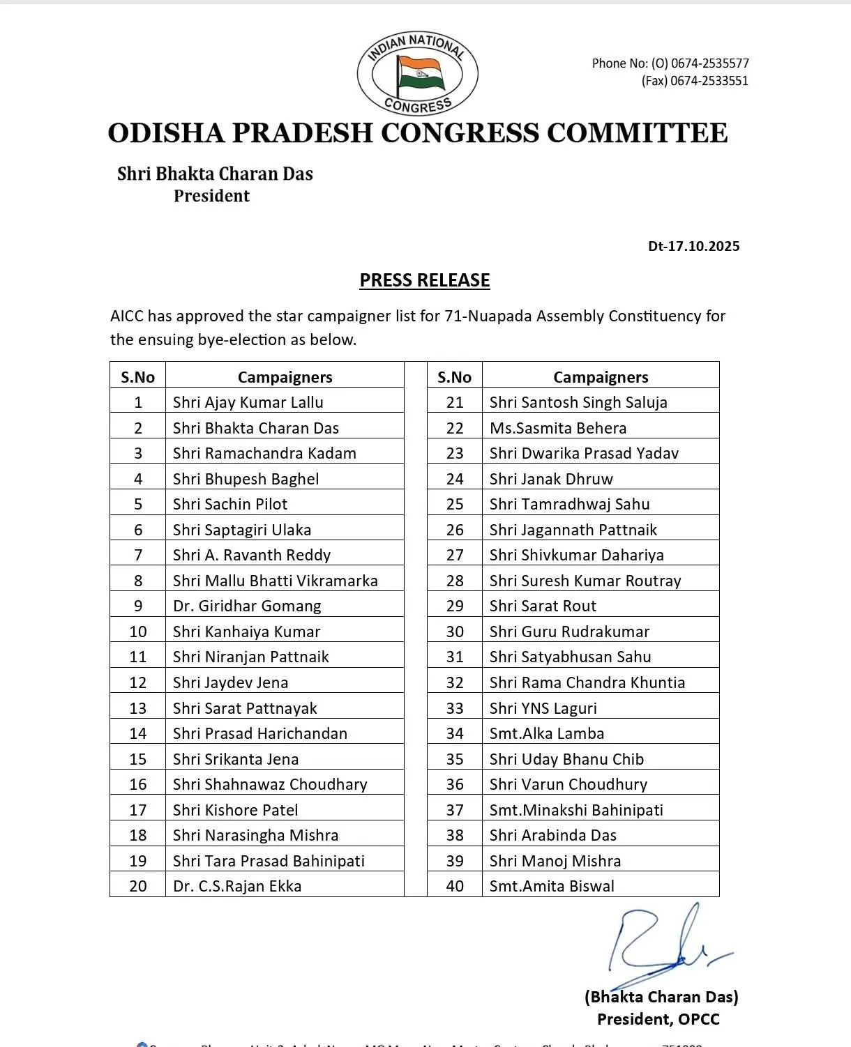 Congress star campaigner list