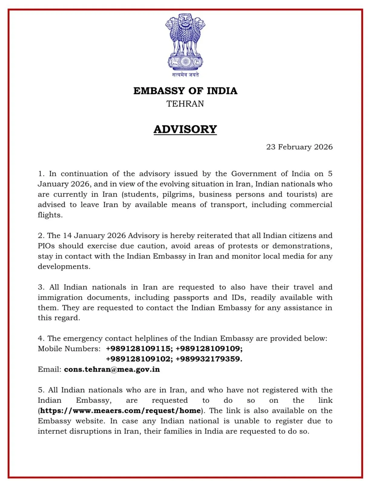 Indian Embassy in Tehran advisory