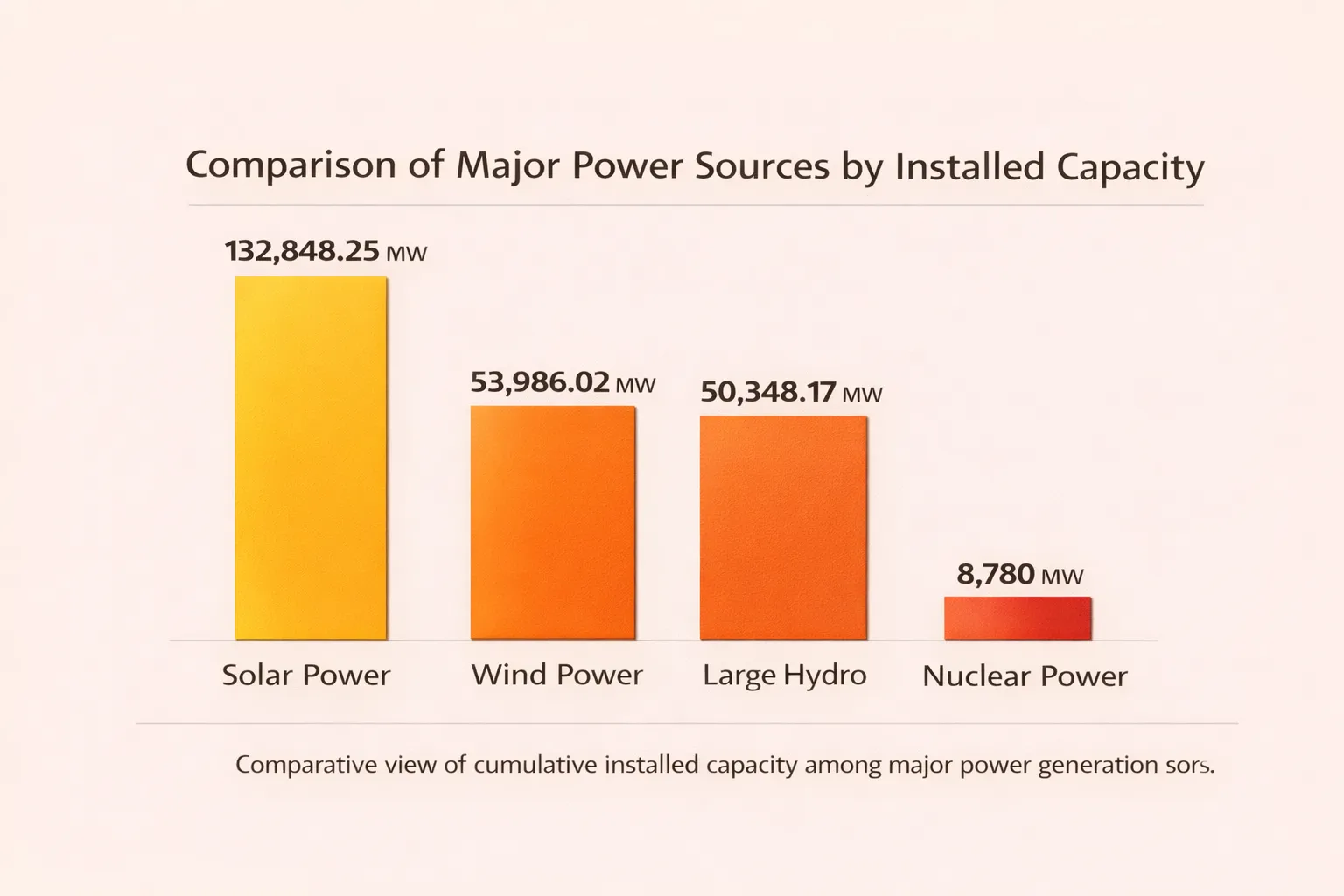 Comparative view of cumulative installed capacity among major power generation sources.