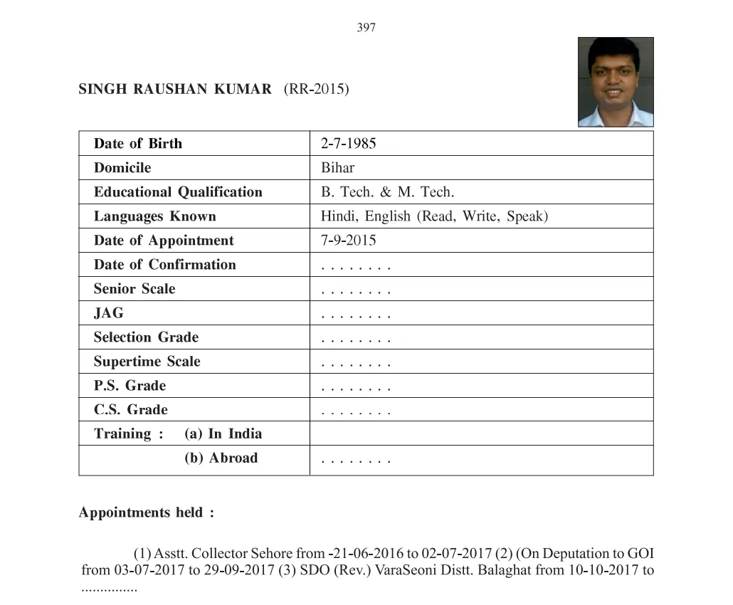 Service profile of Raushan Kumar Singh
