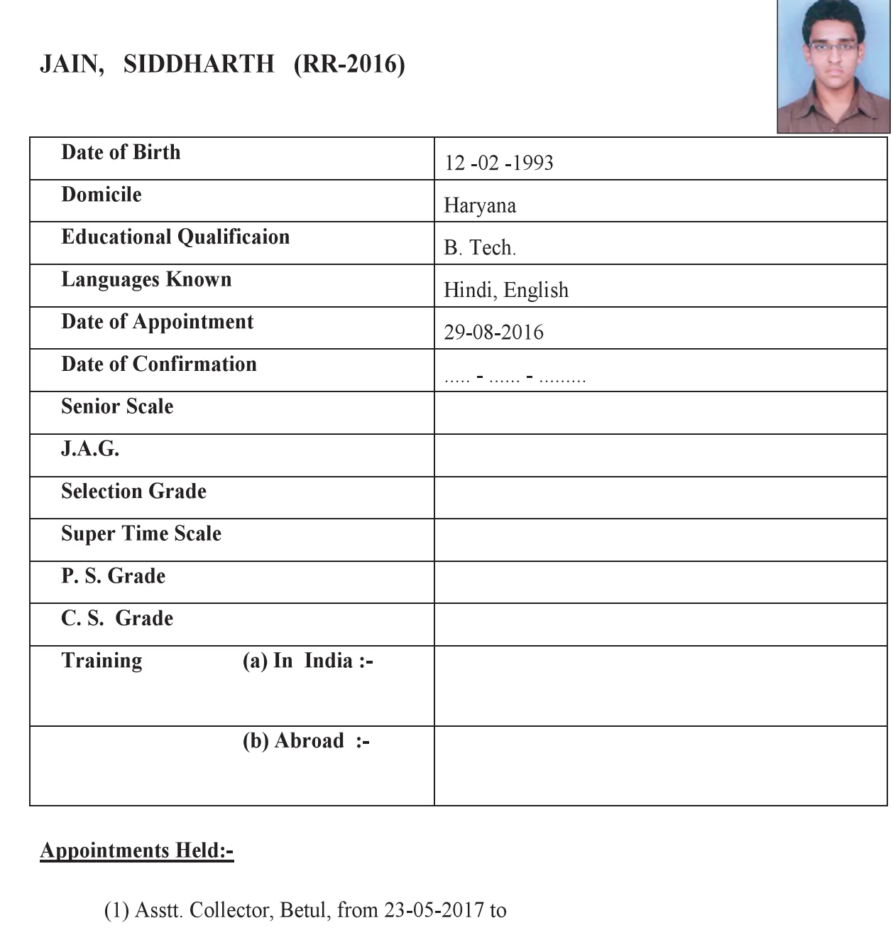 Service profile of IAS Siddharth jain