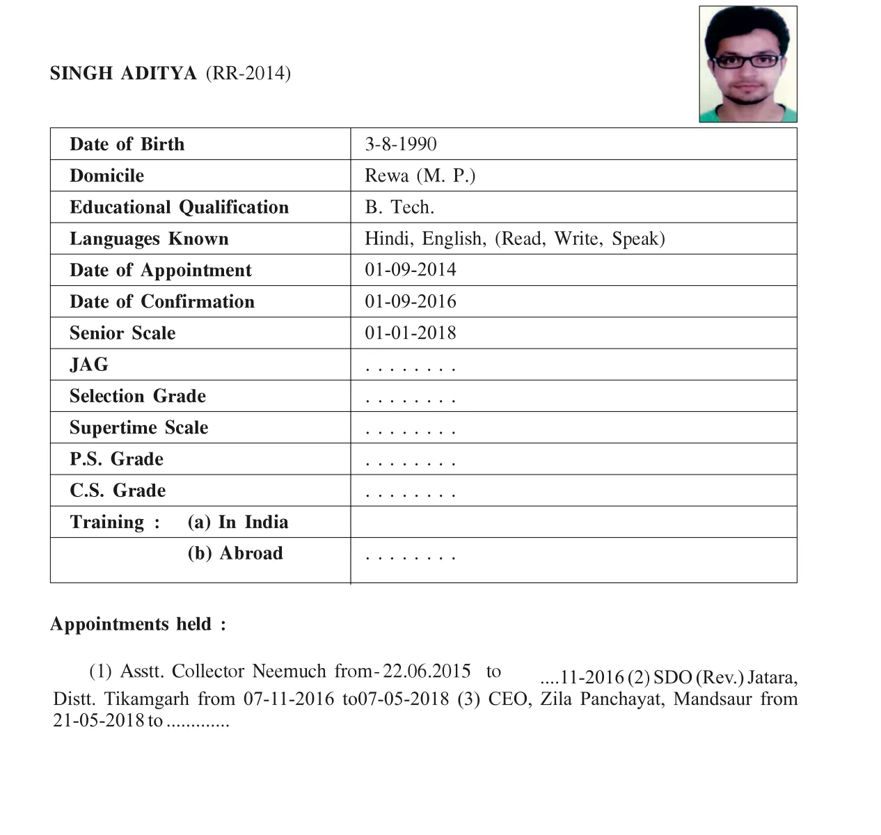 Aditya Singh service profile