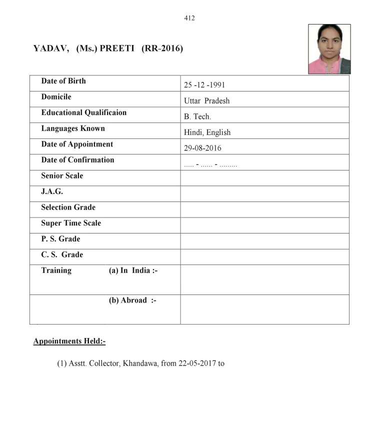 IAS Preeti Yadav Service record