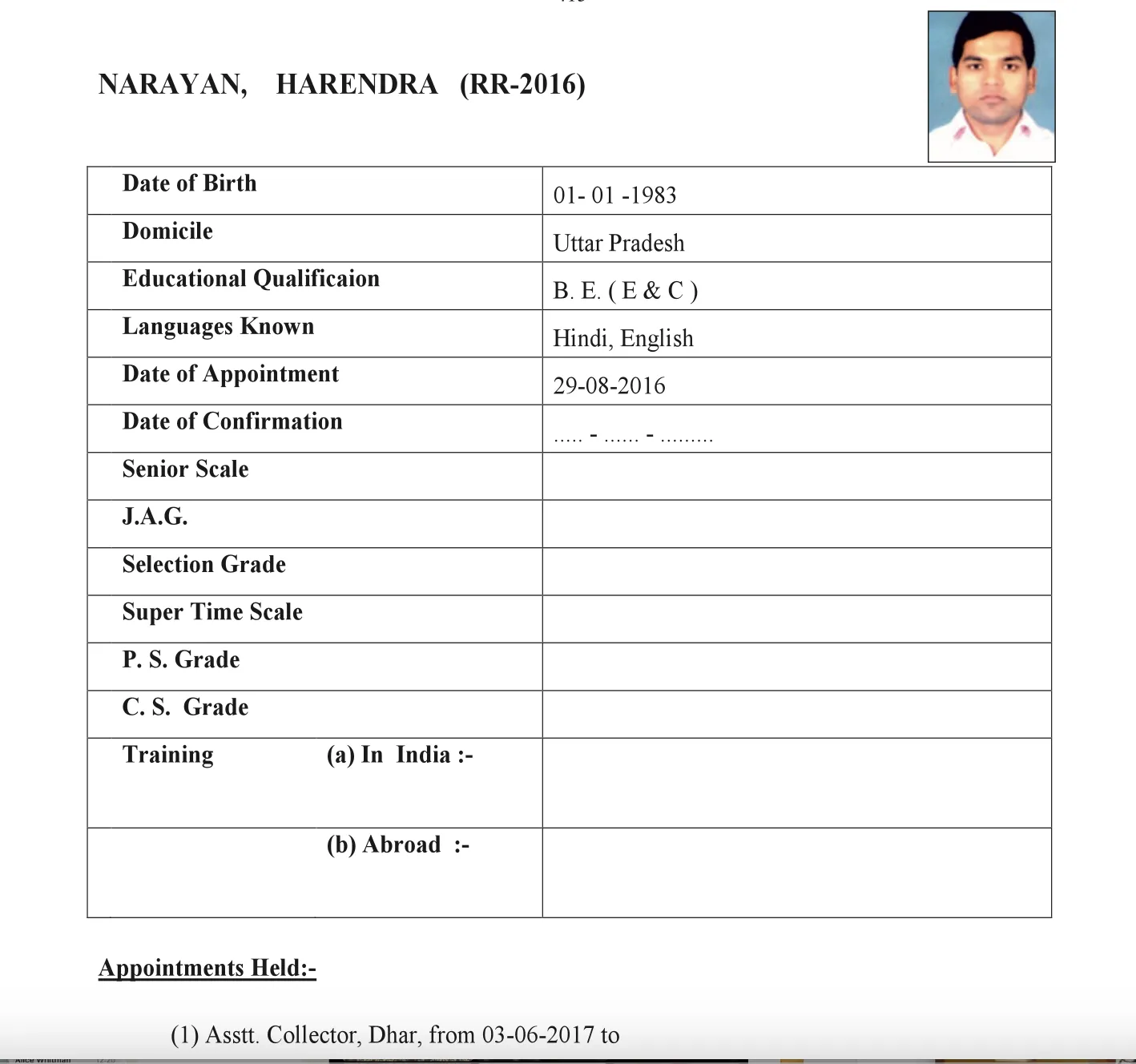 IAS Harendra Narayan service record