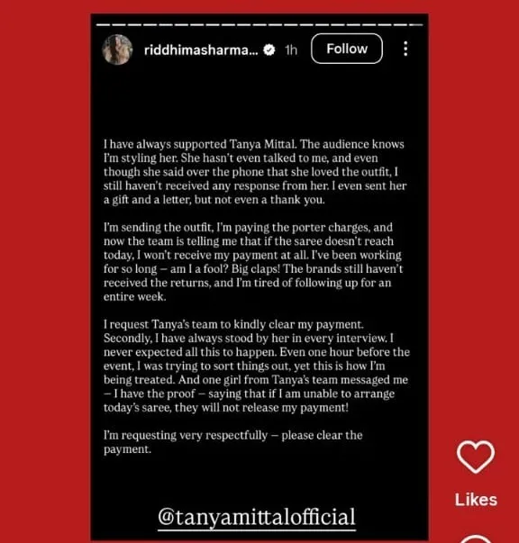 ridhima sharma tanya mittal stylist