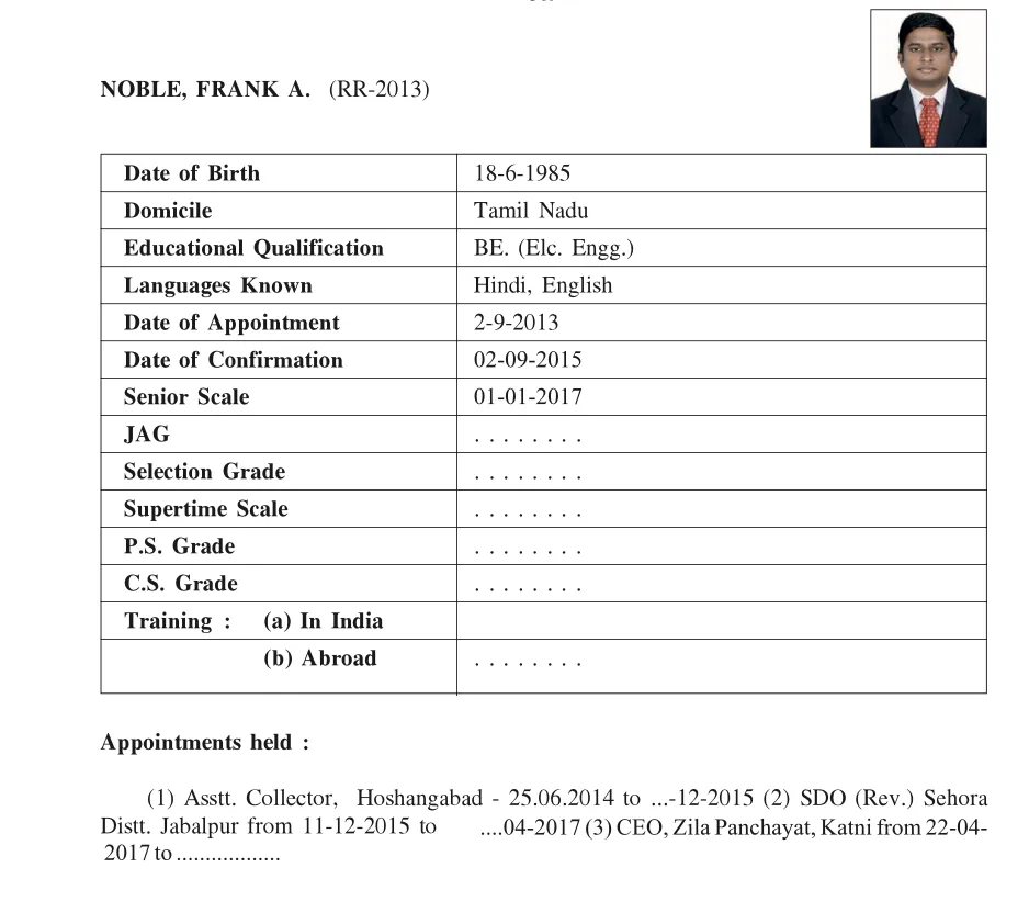 Service record of Frank A Nobel