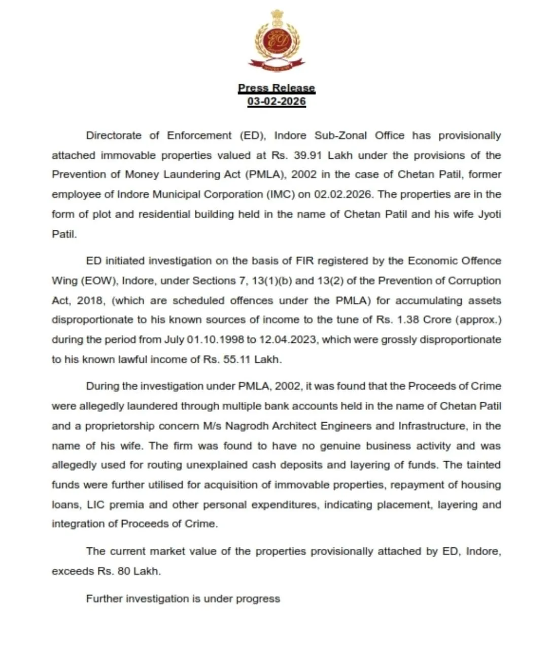 indore former officer chethan patil property attachment