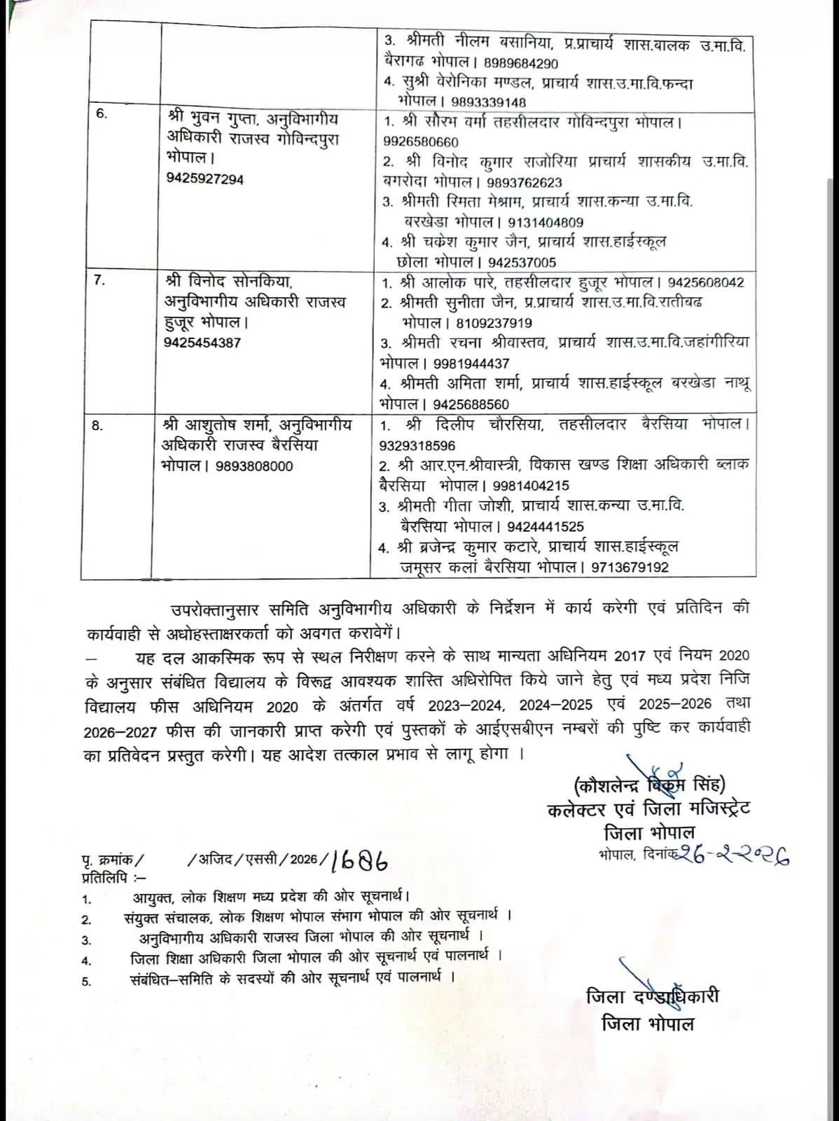bhopal collector order 1