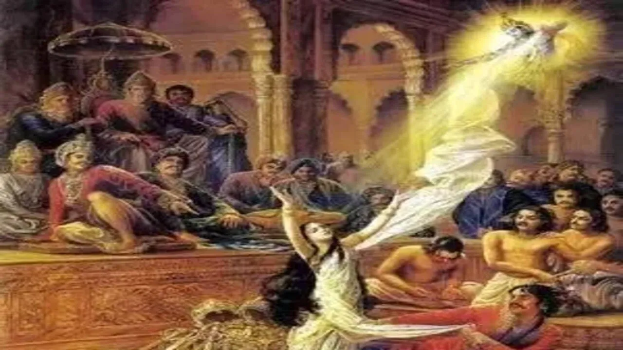 Attempt to strip and molest Draupadi at the Kuru court thwarted by Krishna